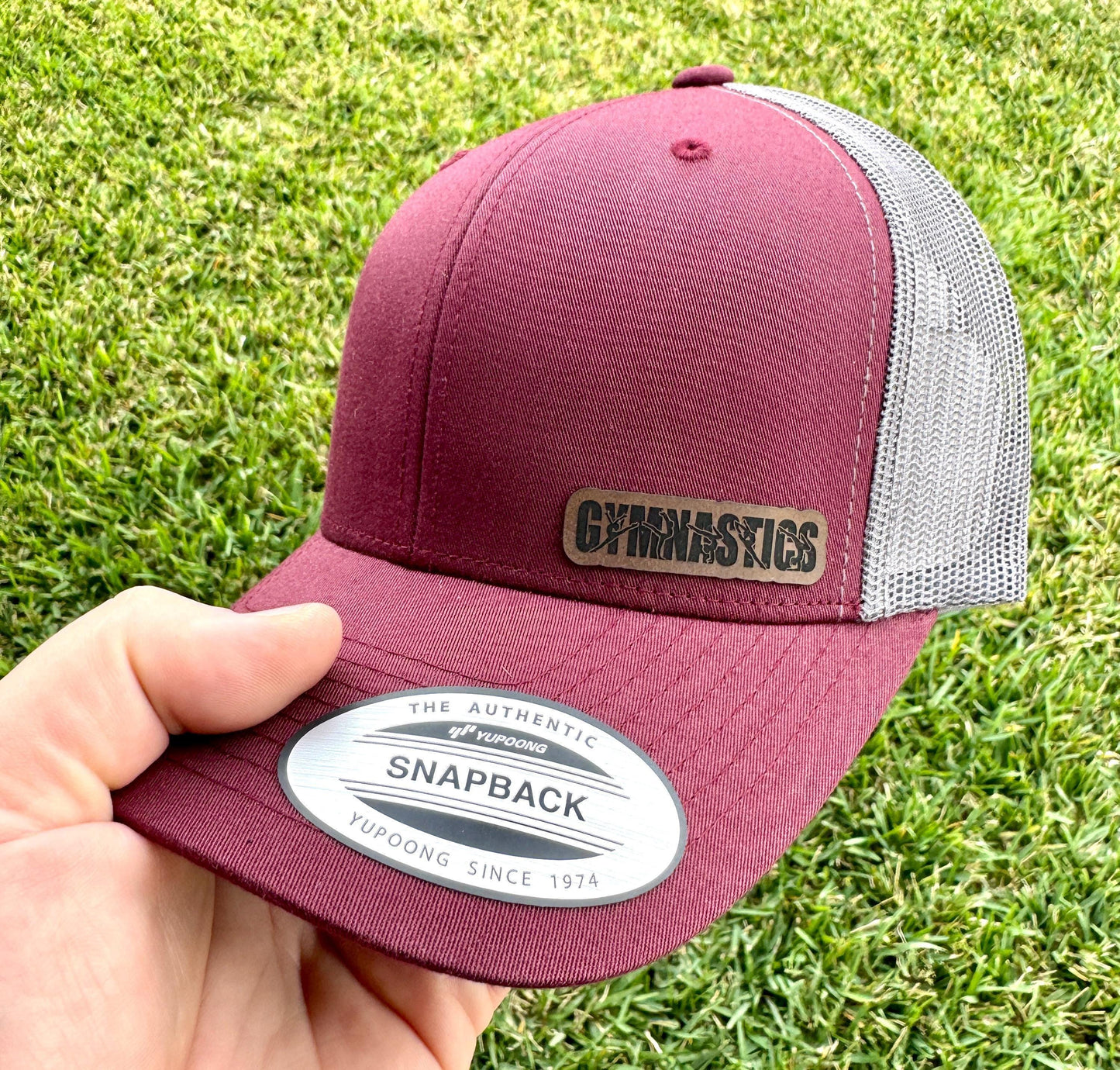 Gymnastics Hat Snapback Trucker – Leather Patch Cap for Gymnasts, Coaches, or Fans, Athletic Gift for Girls and Teens