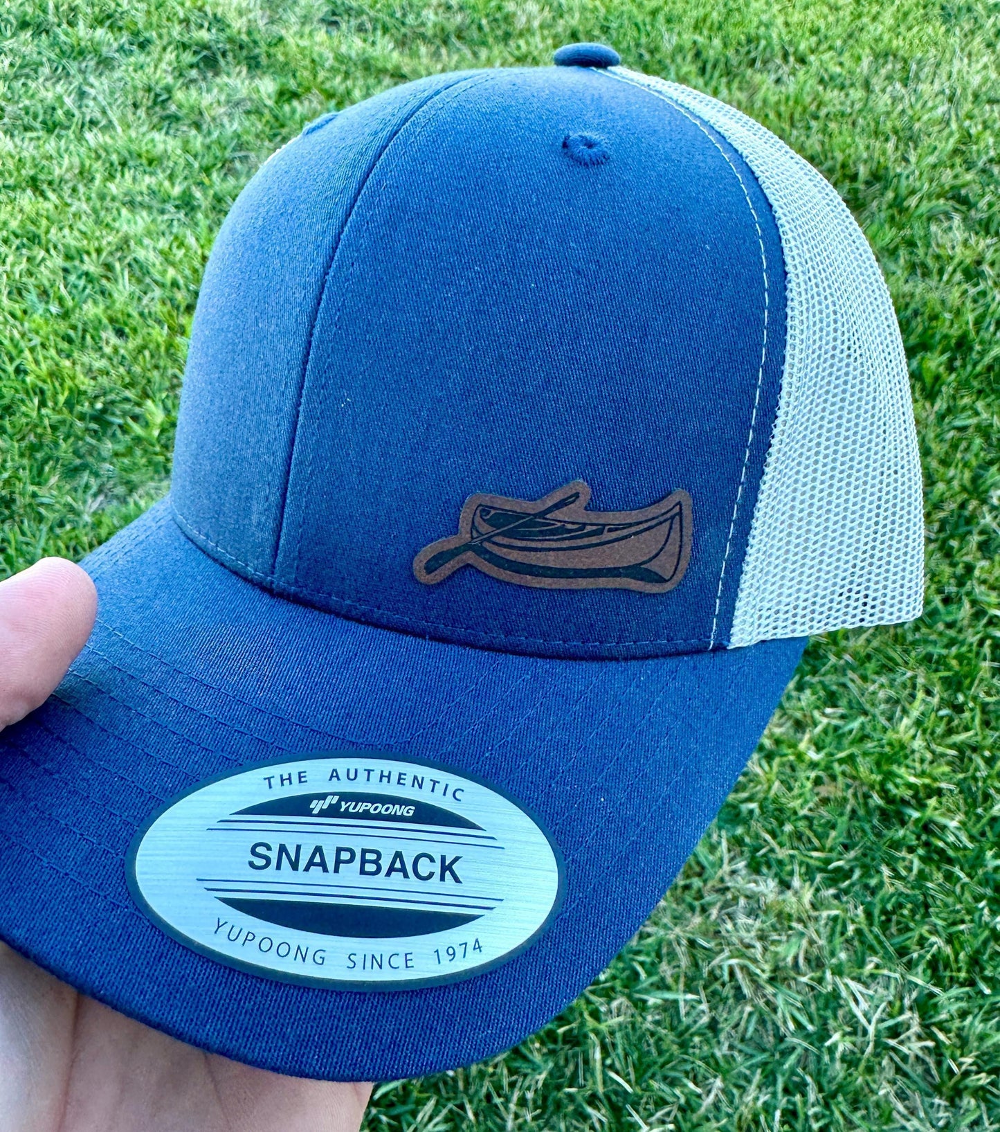 Canoe Trucker Hat – Snapback Cap with Engraved Canoe Design, Outdoor Adventure Hat, Rustic Lake Life Gift