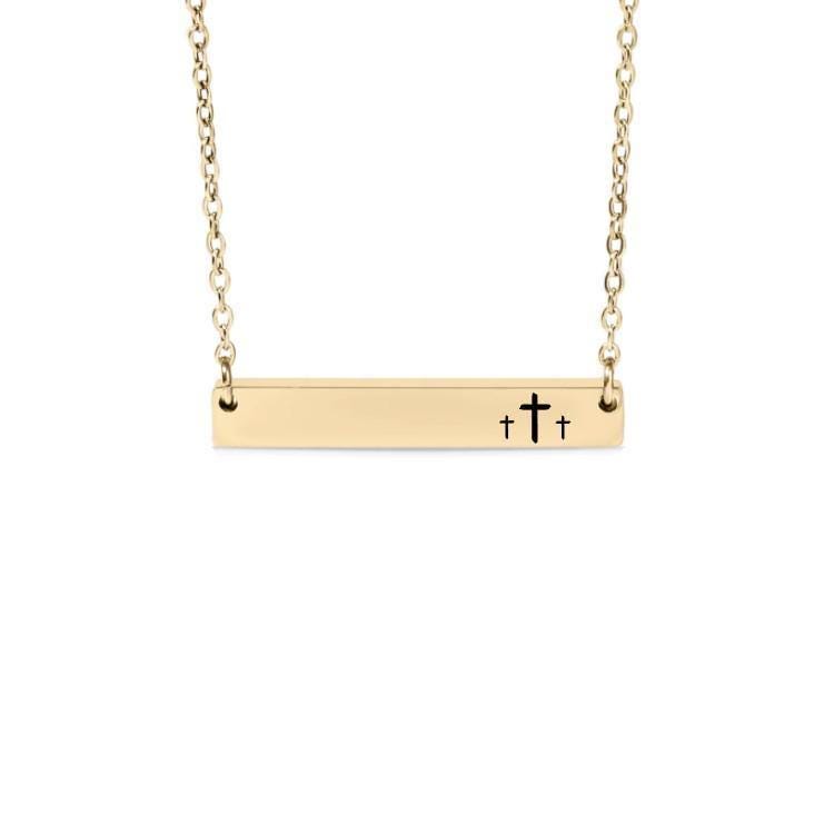 Three Crosses Bar Necklace or Keychain – Christian Engraved Jewelry – Symbol of Calvary – Faith-Based Gift for Him or Her