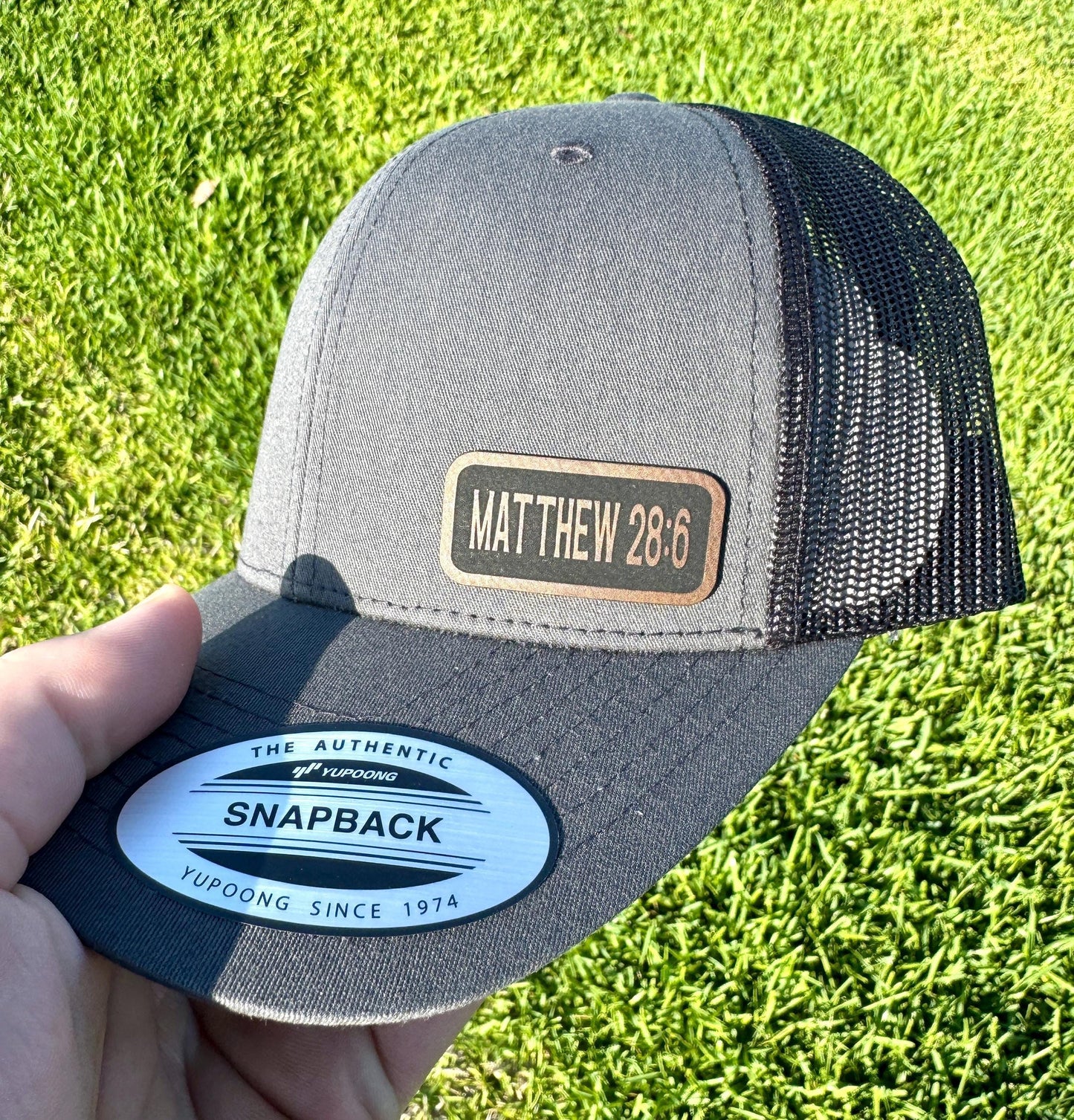 Matthew 28:6 Hat Snapback Trucker – Engraved Patch Christian Cap, “He Is Risen” Bible Verse Hat, Easter Faith Gift for Believers
