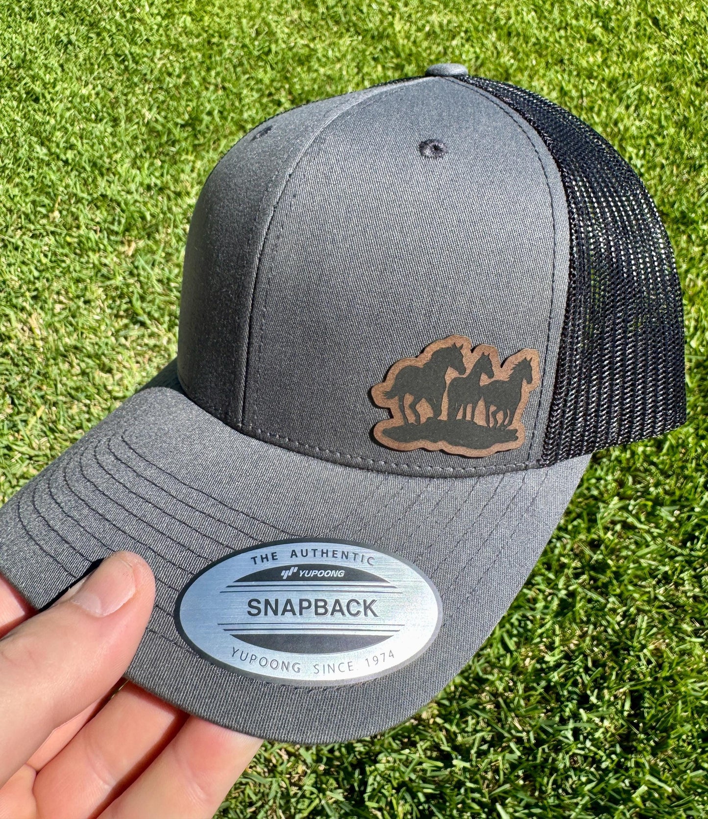 Running Horses Hat Snapback Trucker – Engraved Patch Cap for Horse Lovers, Equestrian Style, Western Ranch Life Gift