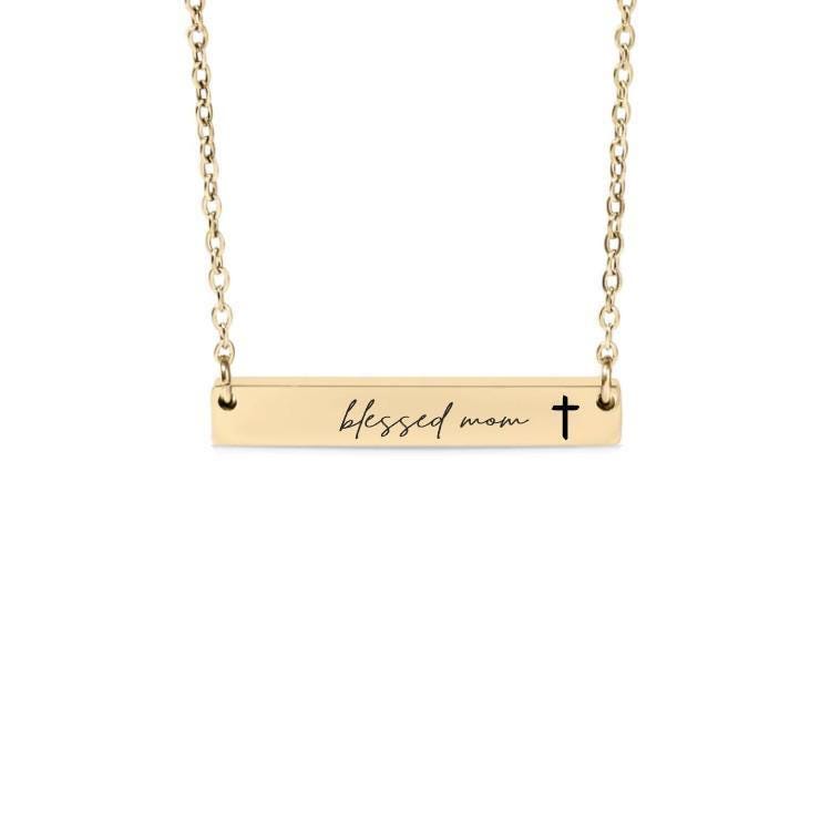 Blessed Mom Bar Necklace or Keychain with Cross – Christian Mother’s Day Gift – Faith Jewelry from Kids – Engraved Keepsake