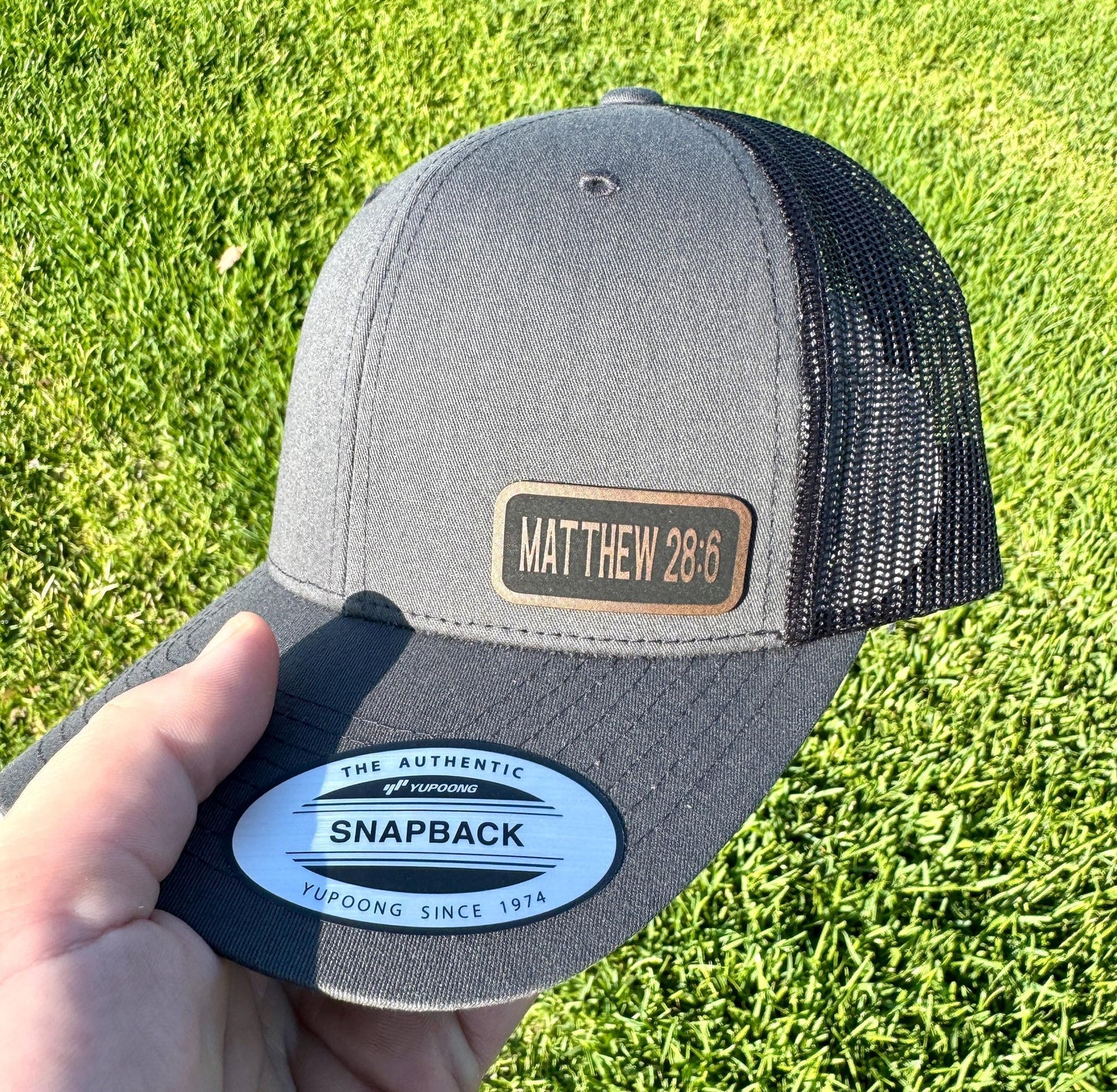 Matthew 28:6 Hat Snapback Trucker – Engraved Patch Christian Cap, “He Is Risen” Bible Verse Hat, Easter Faith Gift for Believers