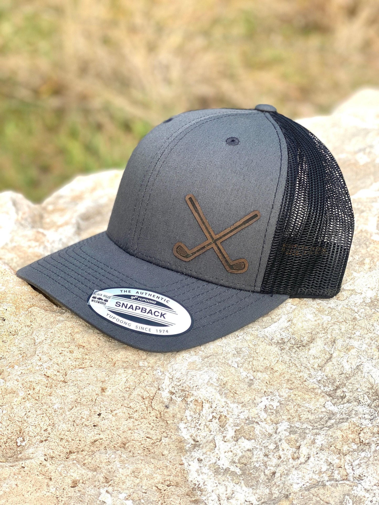 Golfer Hat – Snapback Trucker Hat with Engraved Crossed Golf Clubs Patch, Golf Gift for Him, Rustic Golfing Mesh Trucker Cap