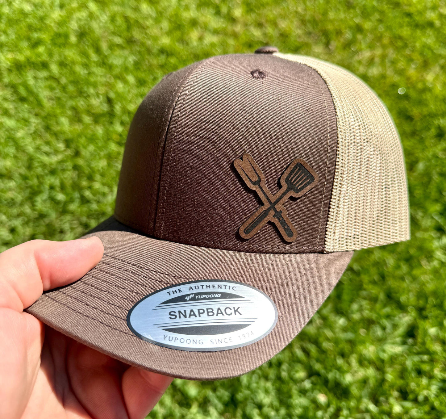 Grilling Tools Hat – Snapback Trucker Hat with Engraved Patch of BBQ Utensils, Grilling Dad Gift, Backyard Cookout Mesh Cap