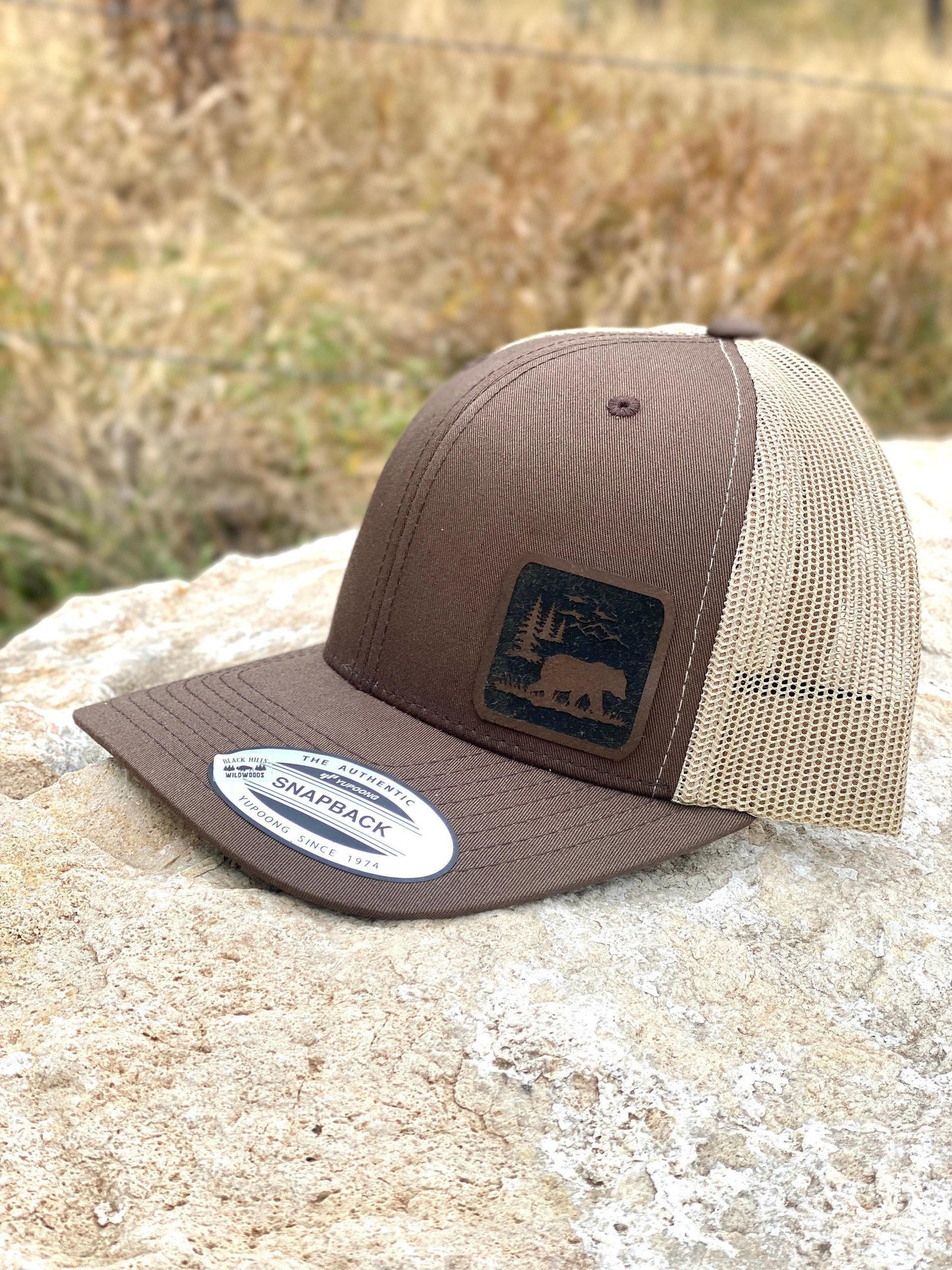 Bear Hat with Forest Design – Trucker or Snapback Cap for Outdoor Lovers – Wildlife and Nature Hat for Hikers, Campers, Adventure Seekers