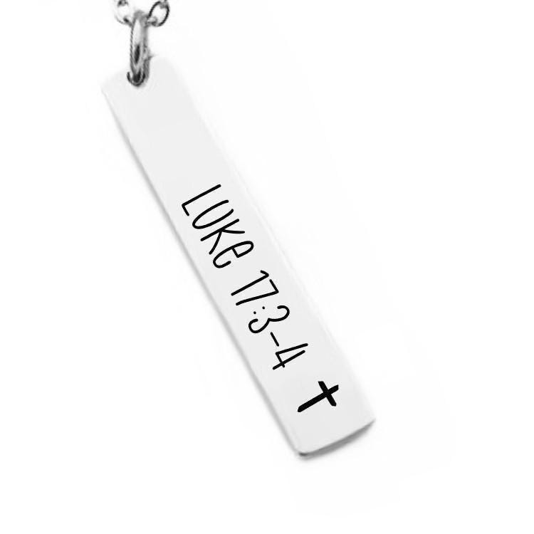 Bible Verse Bar Necklace or Keychain with Cross – Luke 17:3–4 or Custom Scripture – Christian Gift – Engraved Faith Jewelry