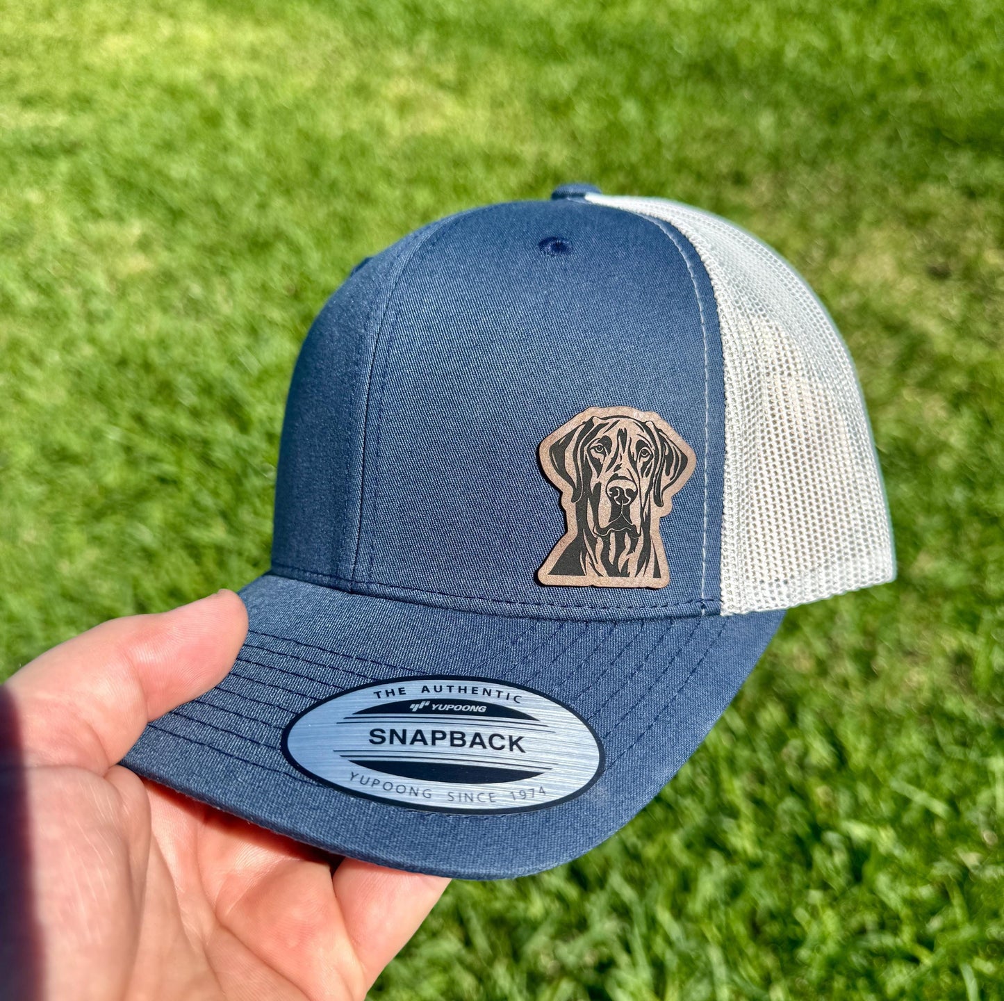 Great Dane Hat – Snapback Trucker Hat with Engraved Patch, Dog Lover Gift, Gentle Giant Dog Cap, Rustic Mesh Hat for Dane Owners