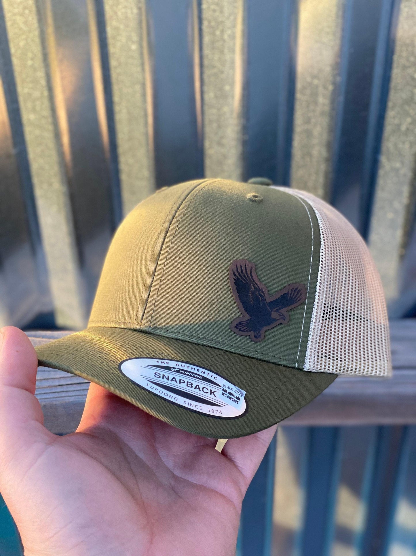 Soaring Eagle Hat β Snapback Trucker Hat with Leatherette Patch β Bald Eagle Cap β Patriotic Gift β Wildlife Hat β Freedom Trucker Hat