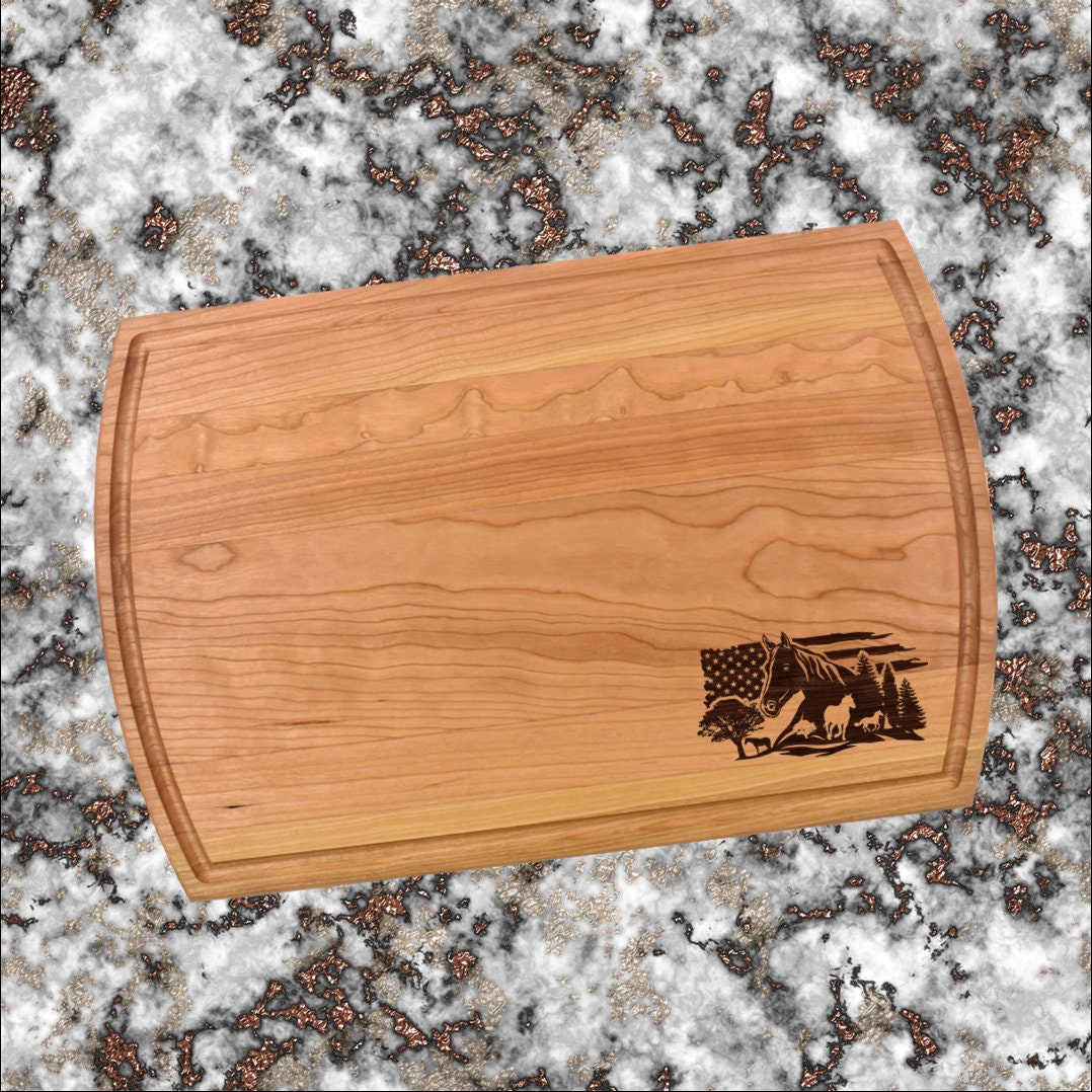 Horses With Flag Cutting Board | Equestrian Charcuterie Board | Custom Serving Tray | Personalized Ranch Farmer Gift | Patriotic Party Tray