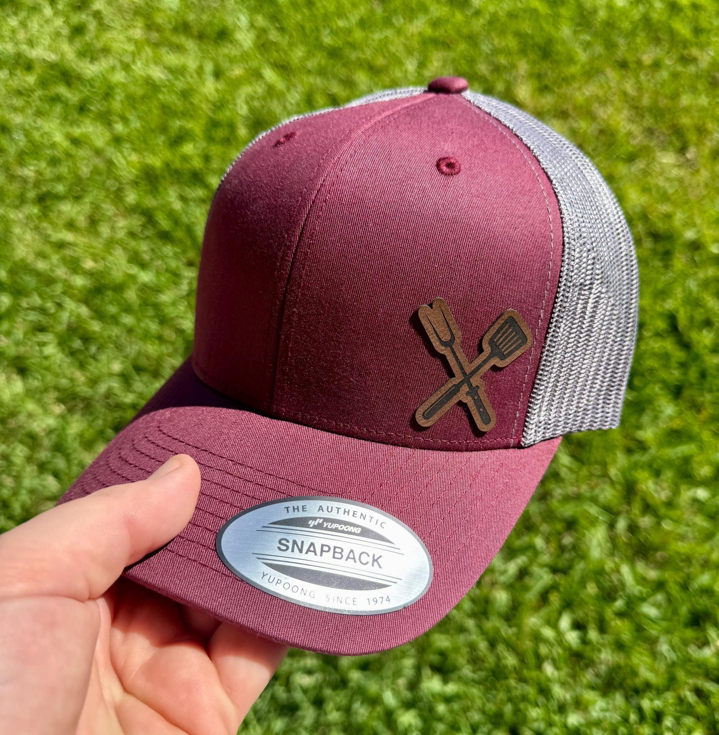 Grilling Tools Hat – Snapback Trucker Hat with Engraved Patch of BBQ Utensils, Grilling Dad Gift, Backyard Cookout Mesh Cap