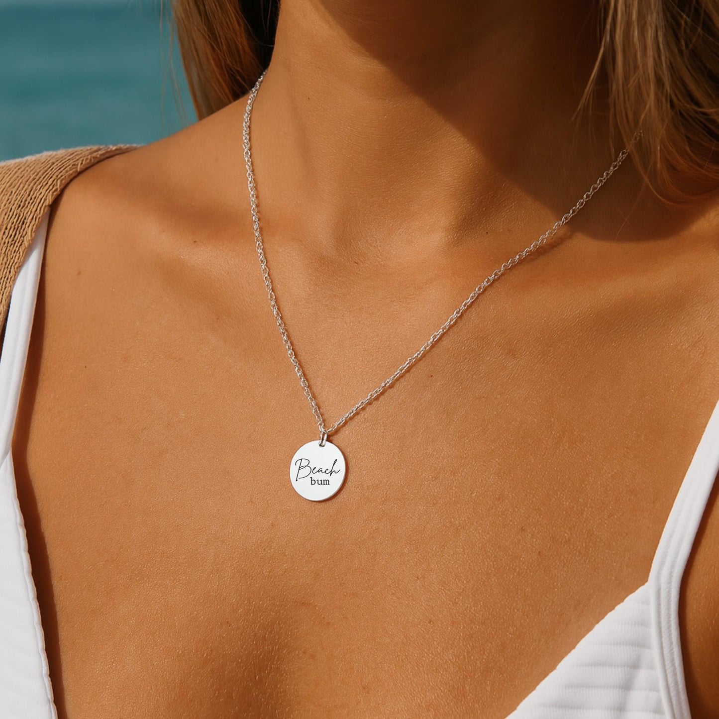 Beach Bum Necklace – Gold or Silver Ocean Charm – Personalized Gift for Beach Lovers – Coastal Jewelry – Keychain Option Available