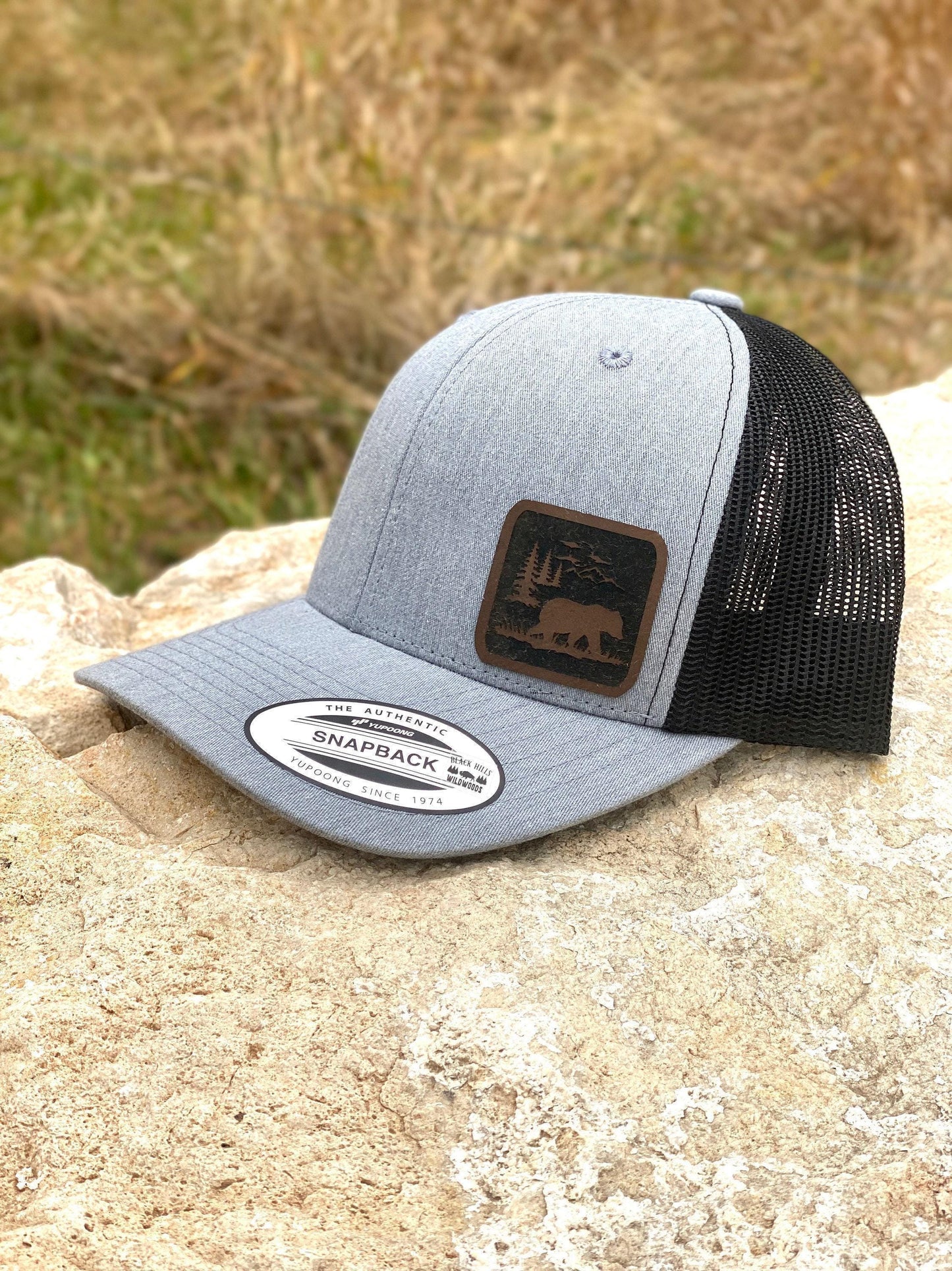 Bear Hat with Forest Design – Trucker or Snapback Cap for Outdoor Lovers – Wildlife and Nature Hat for Hikers, Campers, Adventure Seekers