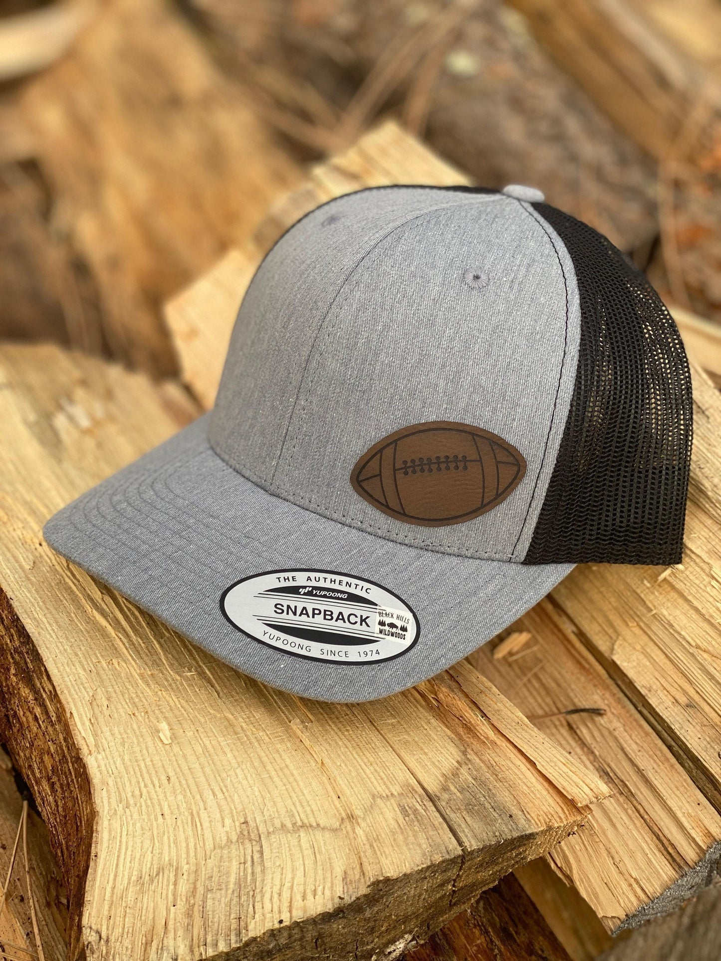 Football Hat – Snapback Trucker Hat with Engraved Patch of Football Design, Sports Fan Gift, Game Day Cap, Rustic Team Spirit Hat