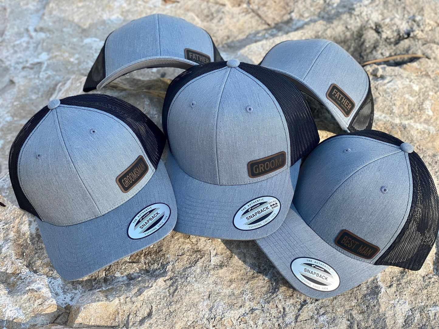 Father of the Groom Hat – Snapback Cap for Wedding Day, Gift for Dad, Engraved Patch, Mesh Back Hat for Father, Patch Trucker Hat