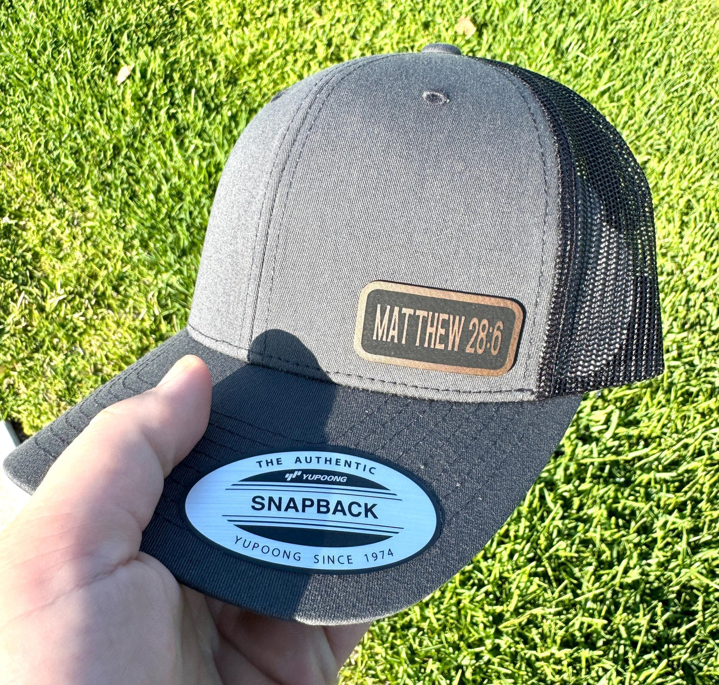 Matthew 28:6 Hat Snapback Trucker – Engraved Patch Christian Cap, “He Is Risen” Bible Verse Hat, Easter Faith Gift for Believers