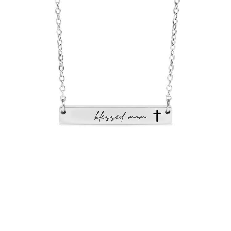 Blessed Mom Bar Necklace or Keychain with Cross – Christian Mother’s Day Gift – Faith Jewelry from Kids – Engraved Keepsake