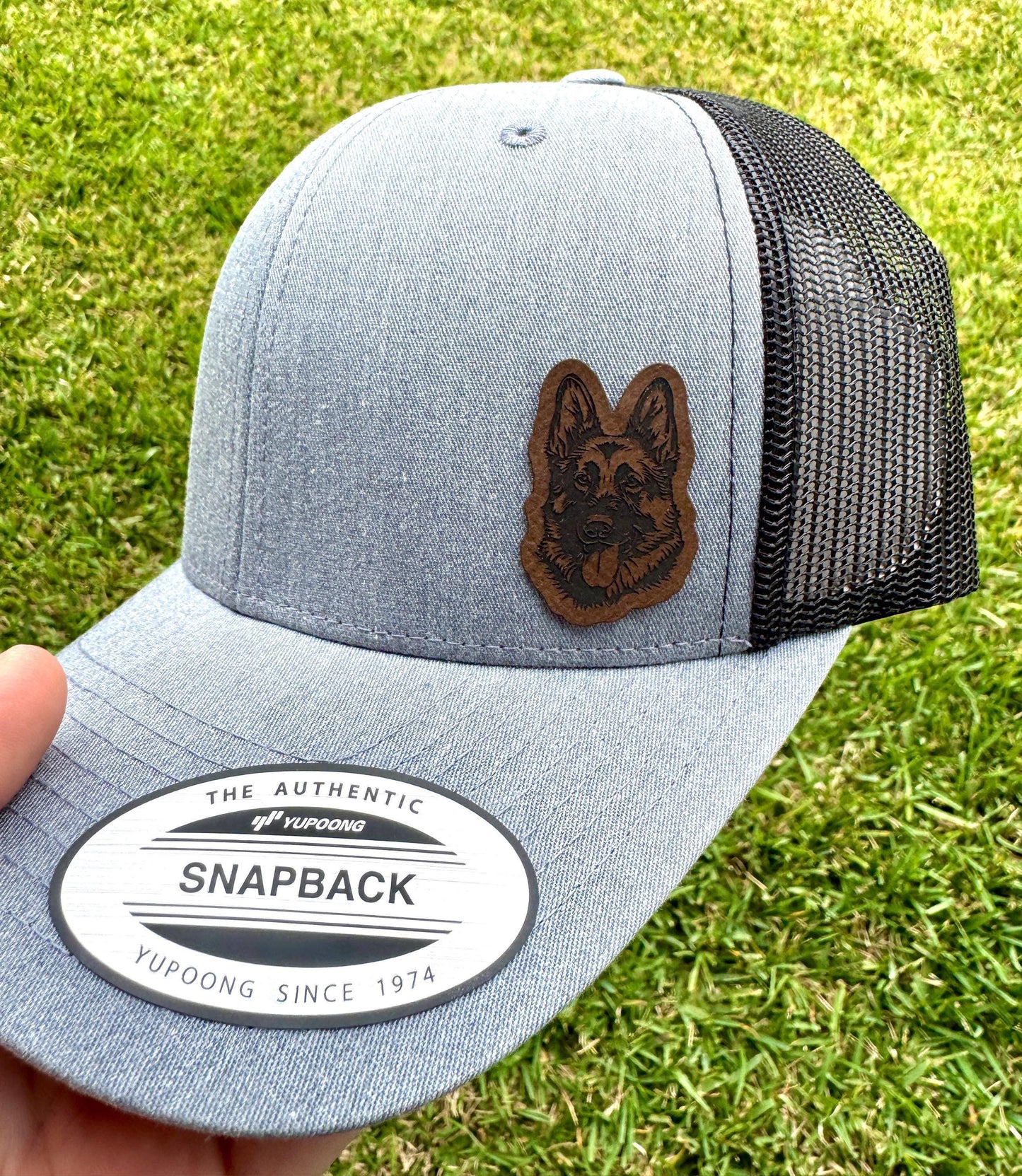 German Shepherd Hat – Snapback Trucker Hat with Engraved Patch, GSD Dog Lover Gift, Working Dog Cap, Rustic Mesh Dog Dad Hat