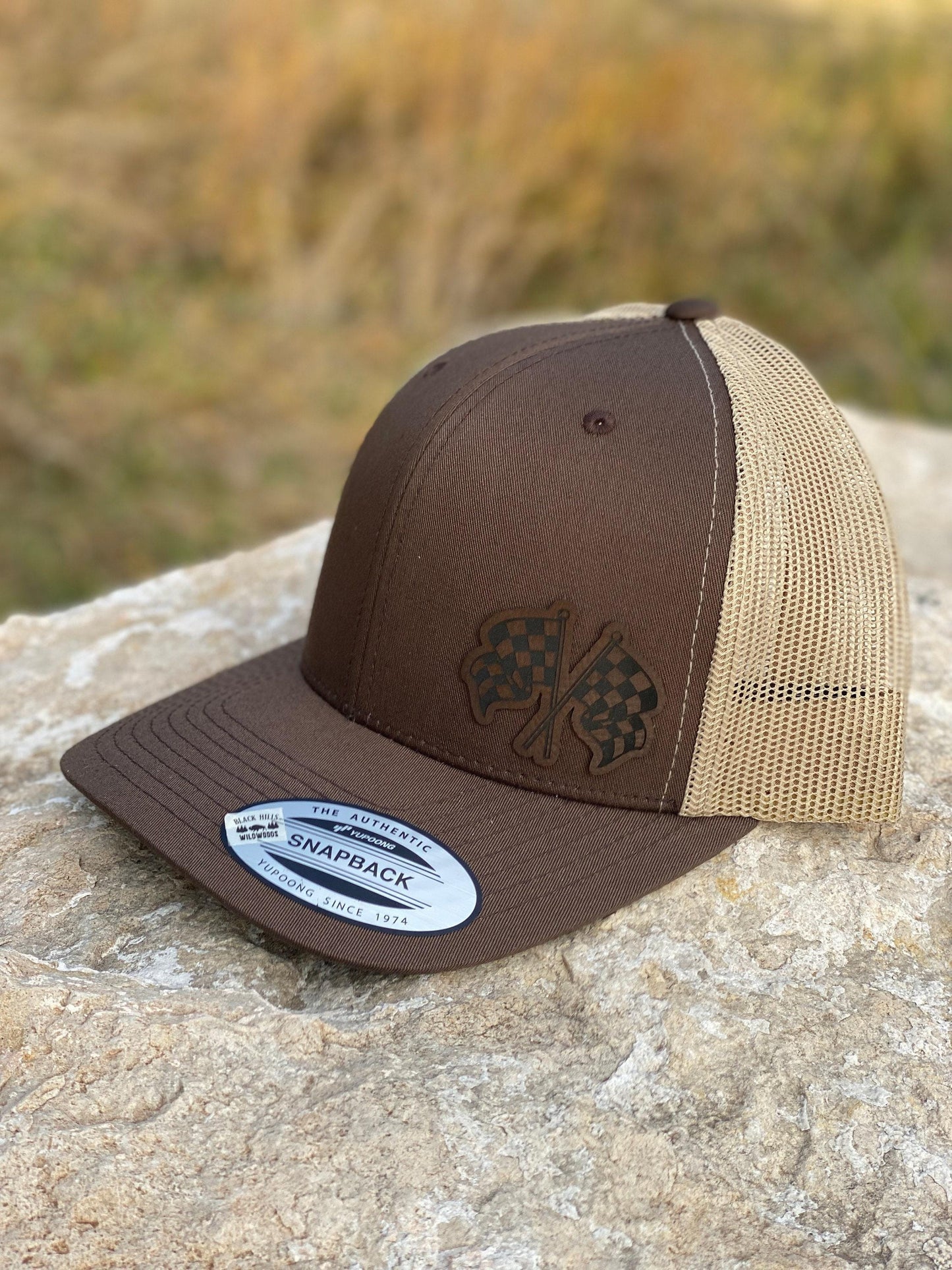 Checkered Racing Flags Patch Trucker Hat – Snapback Cap for Race Fans, Motorsport Hat, Engraved Racing Gift