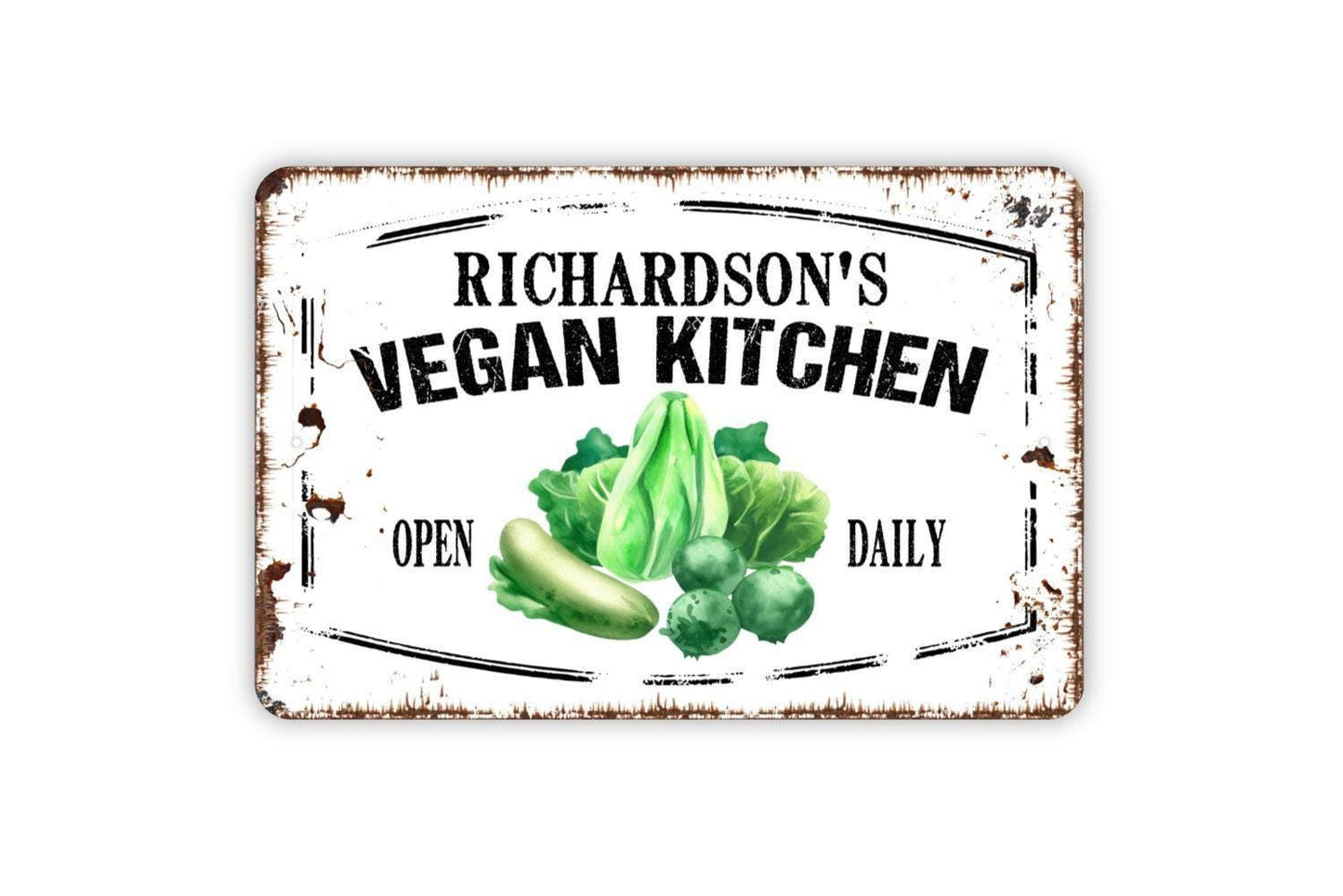 Personalized Vegan Kitchen Open Daily Sign - Custom Kitchen Pantry Chef Metal Wall Art Indoor Or Outdoor