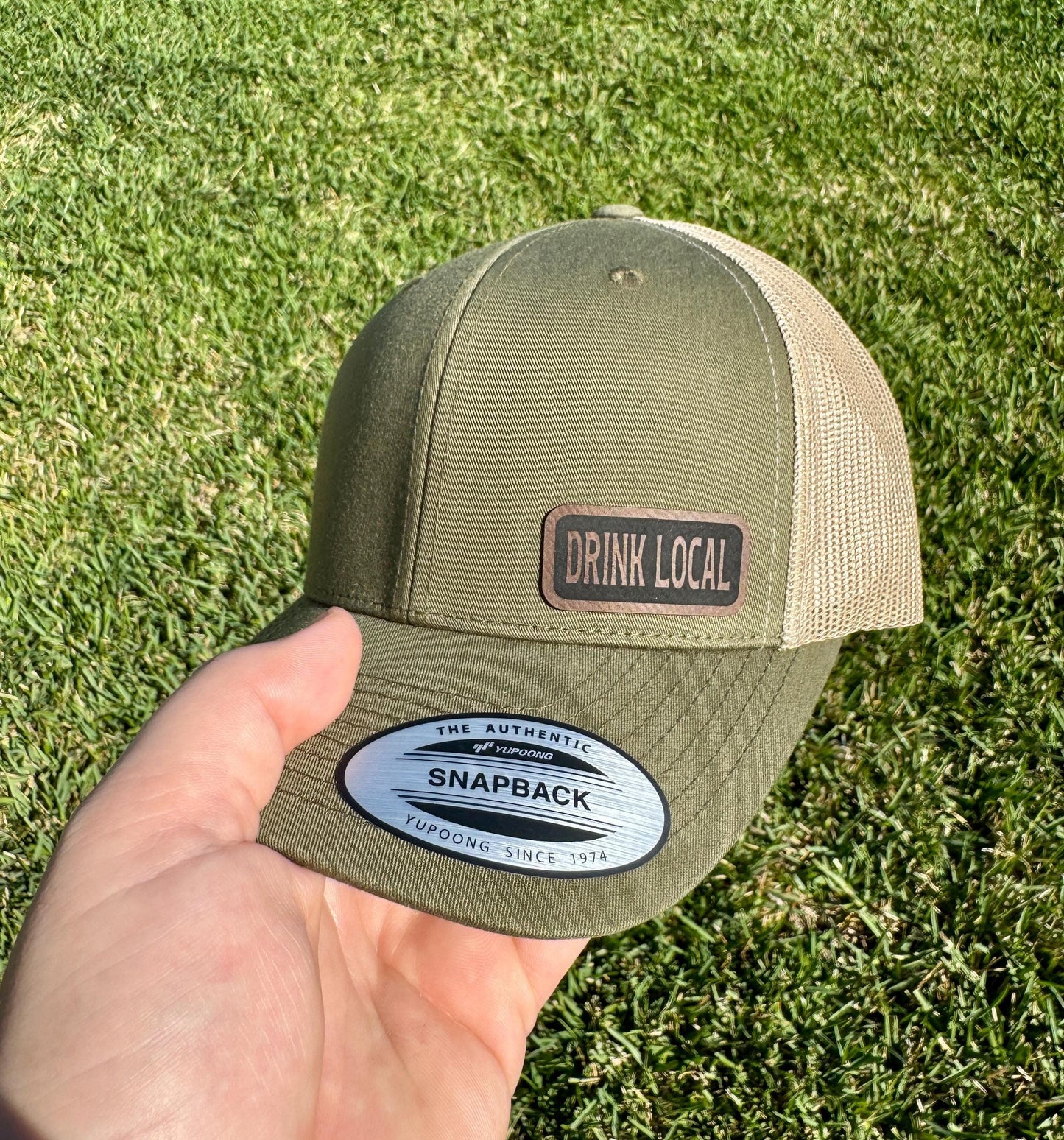 Drink Local Hat – Snapback Cap with "Drink Local" Engraved Design, Brewery Gift, Craft Beer Hat, Bar Style Hat, Patch Trucker Hat