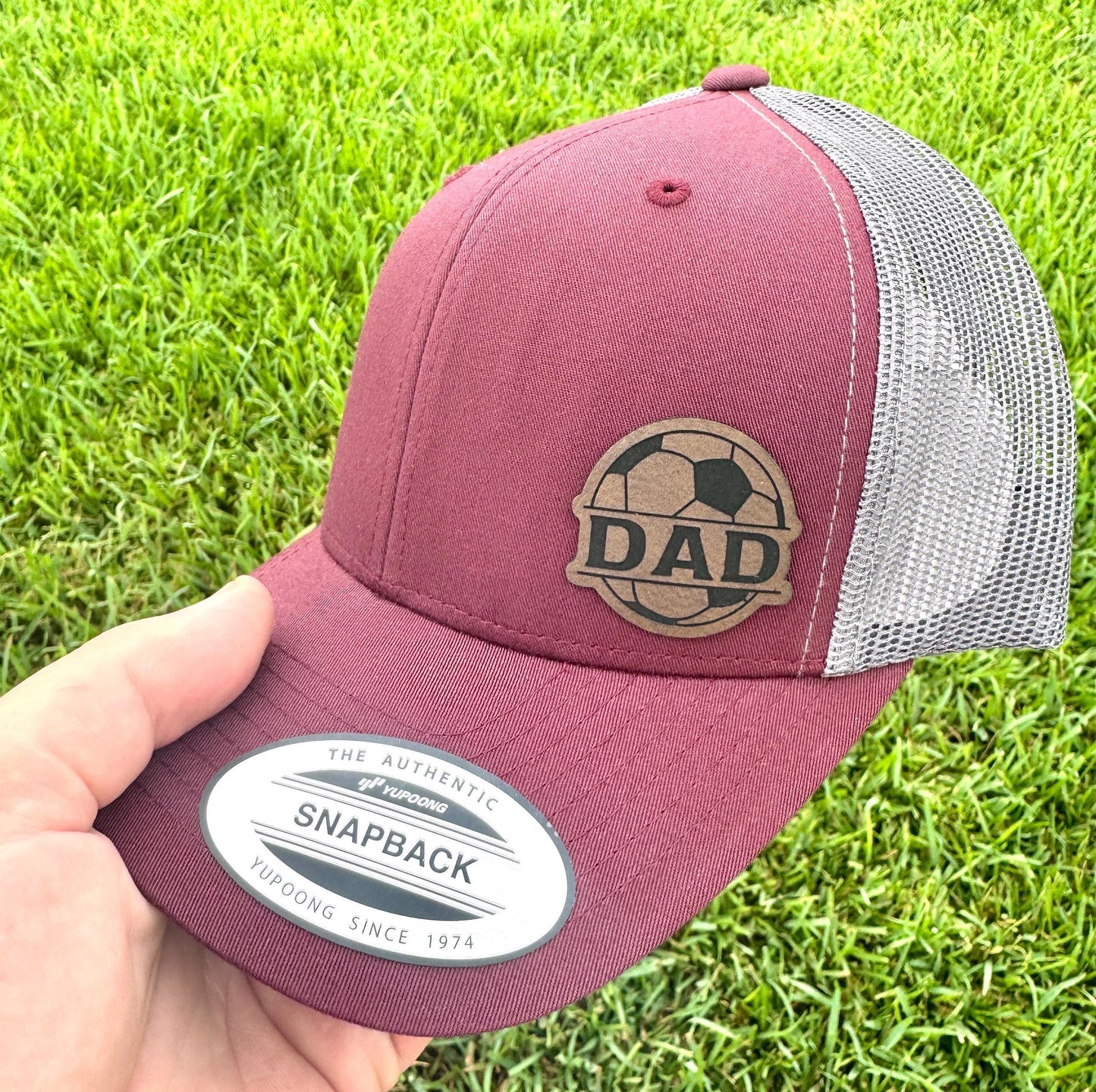 Soccer Dad Hat – Snapback Trucker Hat with Leatherette Patch – Soccer Ball Dad Cap – Gift for Soccer Dads – Sports Dad Hat – Game Day Cap