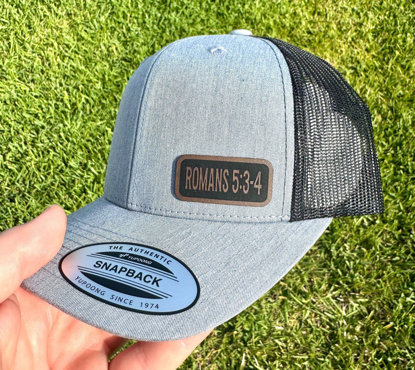 Romans 5:3-4 Bible Verse Hat – Snapback Trucker Hat with Patch – Christian Hat – Perseverance Scripture Cap – Faith Gift for Him or Her