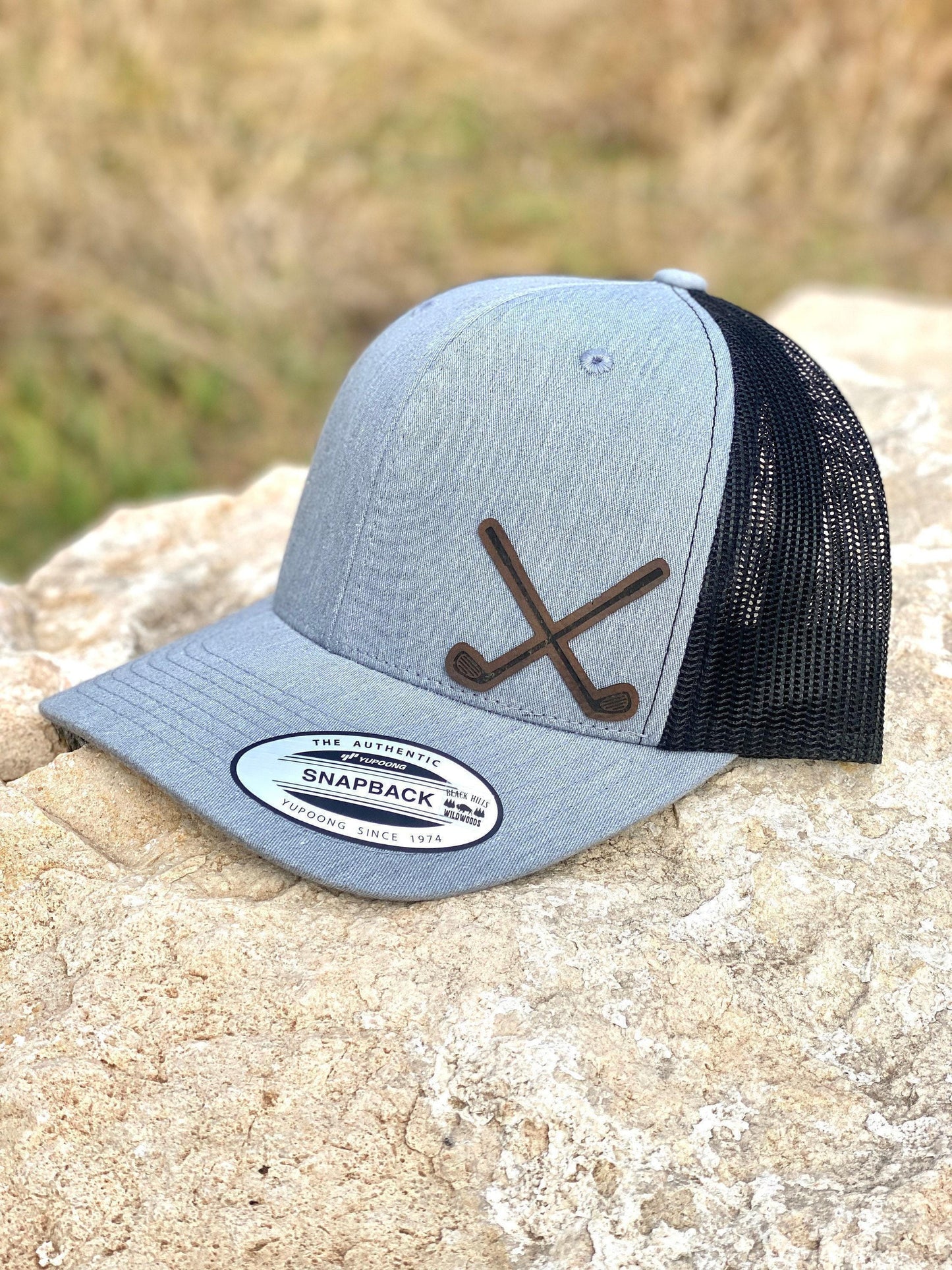 Golfer Hat – Snapback Trucker Hat with Engraved Crossed Golf Clubs Patch, Golf Gift for Him, Rustic Golfing Mesh Trucker Cap