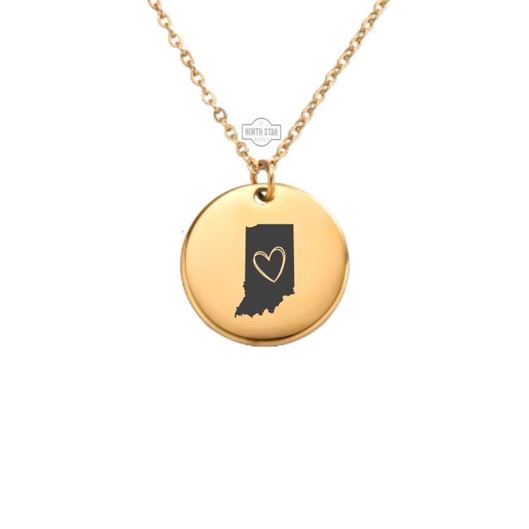 Indiana Necklace - Or Any State Outline With Heart Gold or Silver Minimalist Dainty Engraved Custom Pendant Charm Jewelry