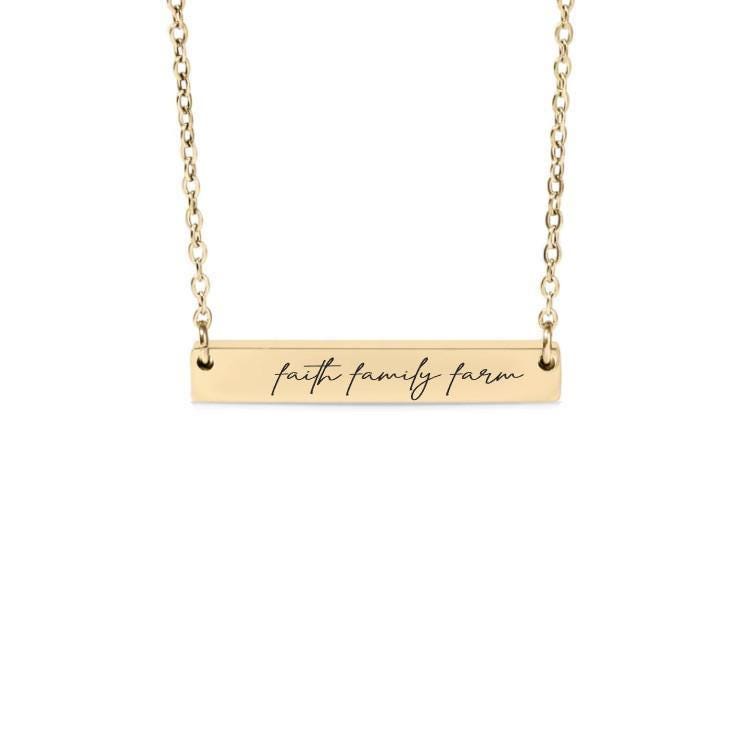 Faith Family Farm Bar Necklace or Keychain – Rustic Country Life Jewelry – Engraved Gift for Farm Girl or Farmhouse Living