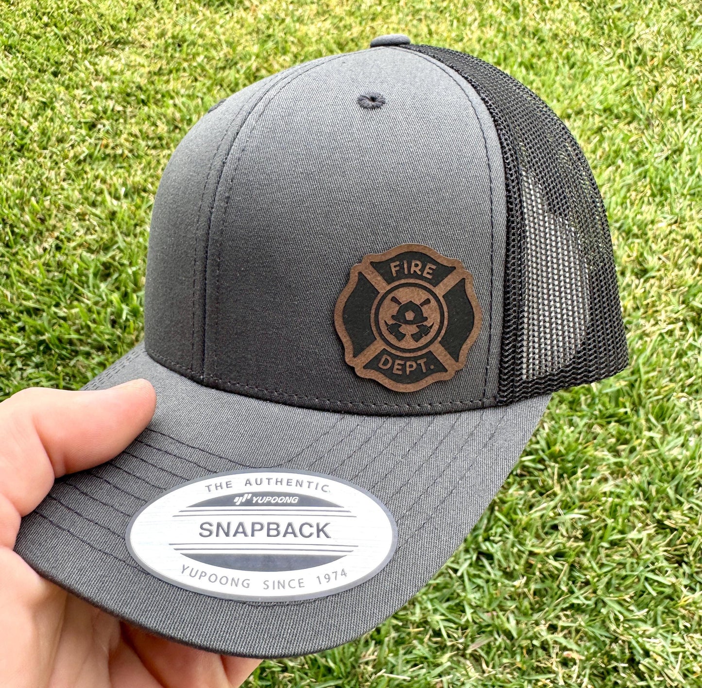 Fireman Fire Department Hat – Snapback Cap with Engraved Fire Department Emblem, Fireman Gift, Mesh Back First Responder Hat, Patch Trucker