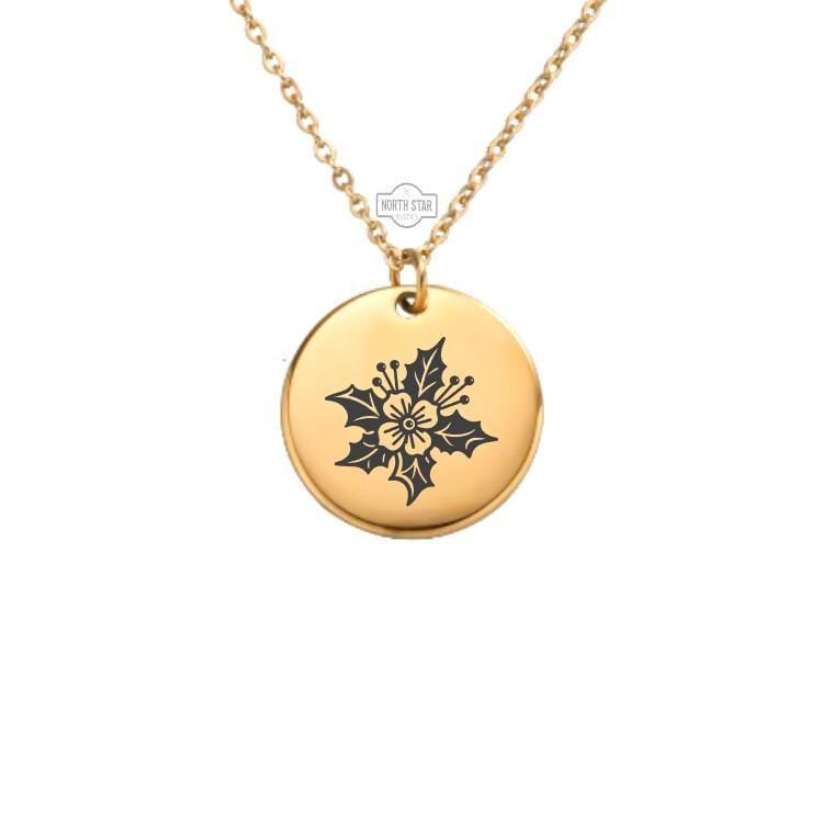 Holly Birth Flower Necklace – December Floral Charm – Gold or Silver – Personalized Winter Birthday Gift – Keychain Available