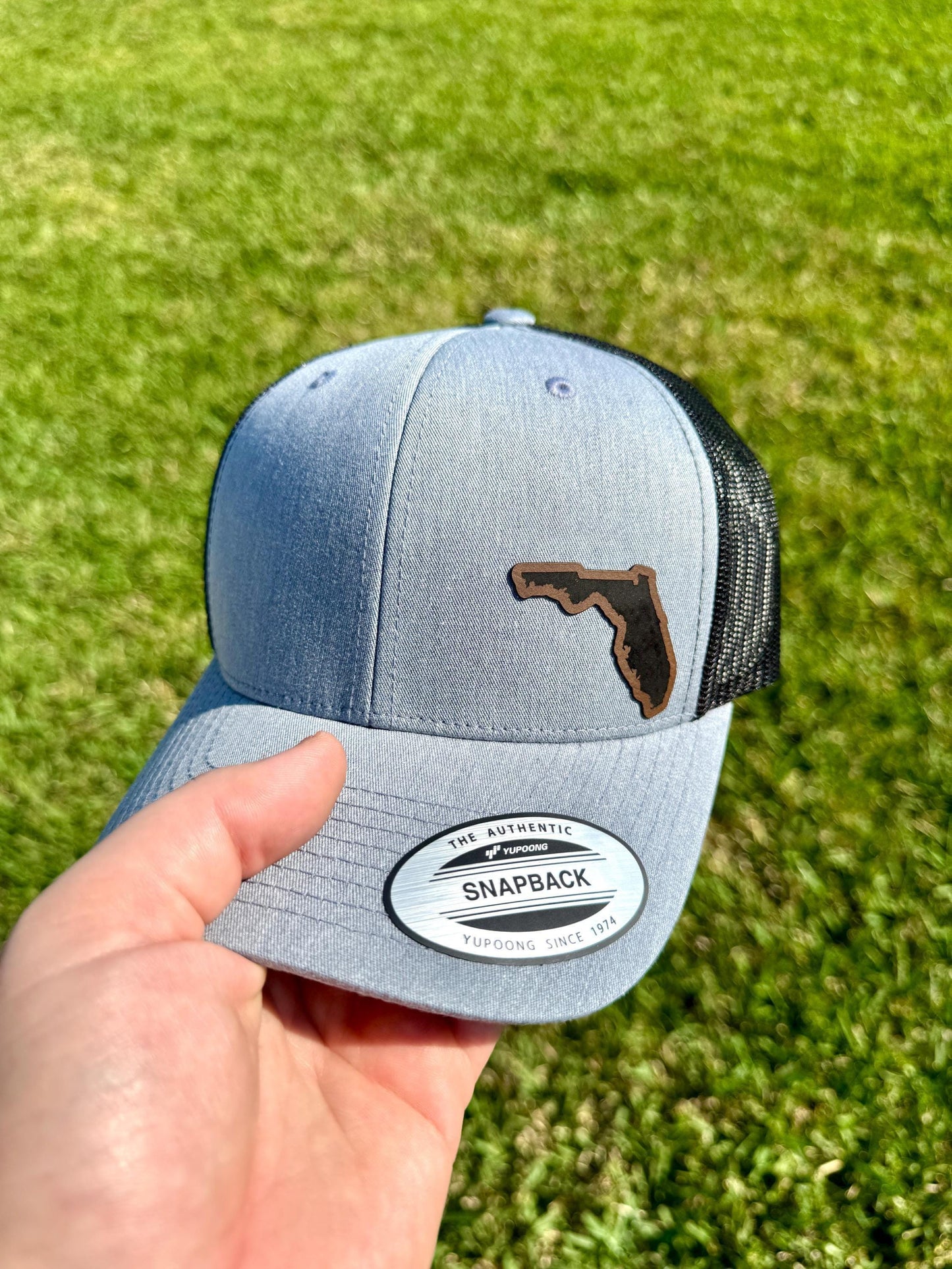 Florida State Outline Hat – Snapback Trucker Hat with Engraved Patch of FL State, Sunshine State Gift, Rustic Florida Pride Cap
