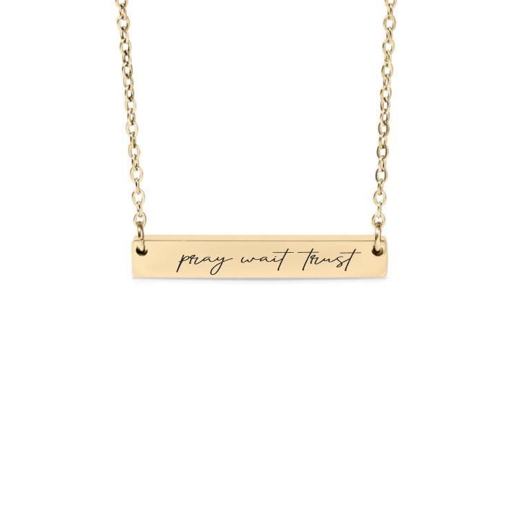 Pray Wait Trust Bar Necklace or Keychain – Christian Engraved Jewelry – Faith Gift – Encouraging Reminder of Patience and Prayer