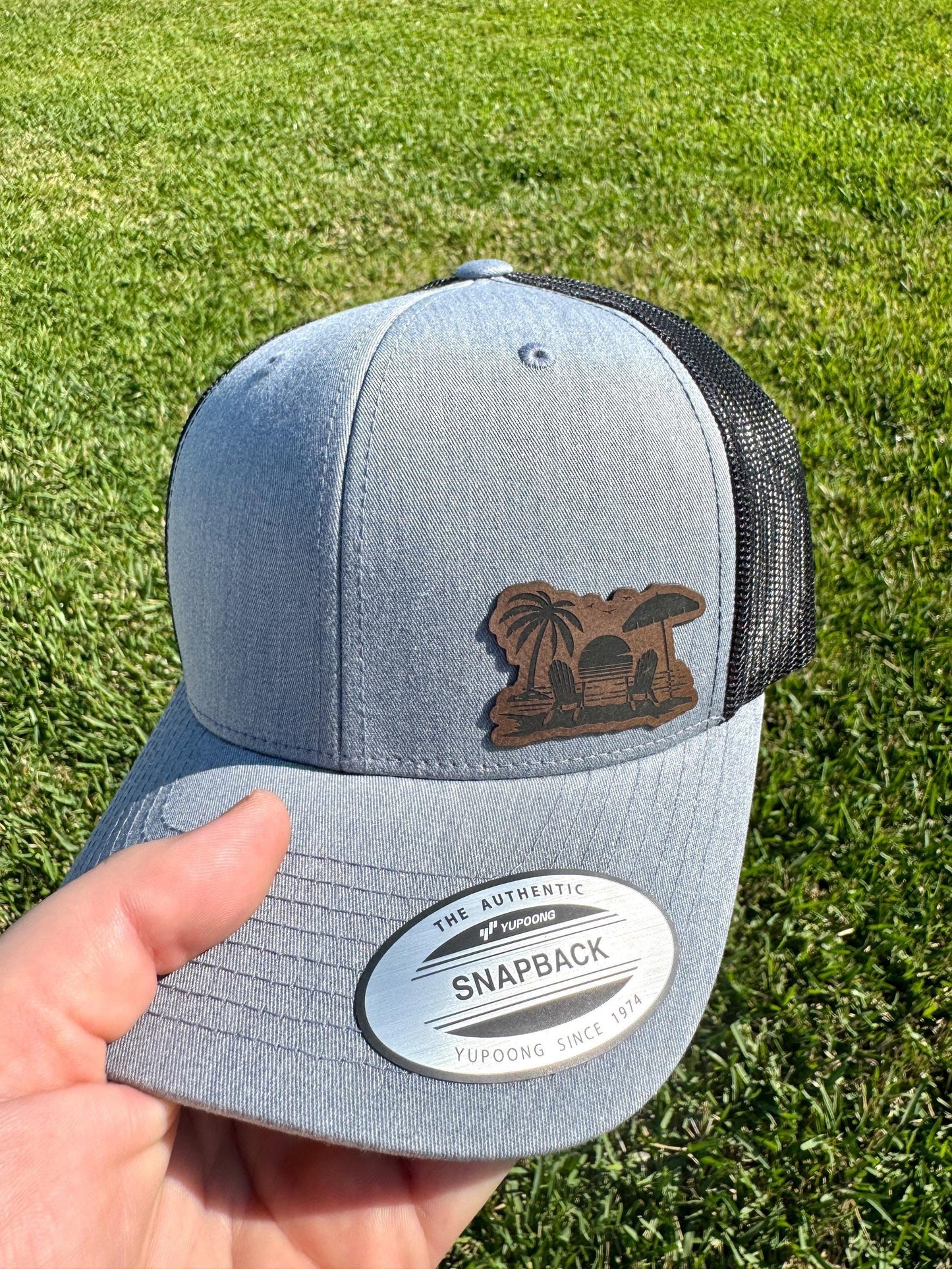 Beach Scene Hat – Coastal Snapback or Trucker Cap with Ocean and Palm Design – Summer Vacation Hat for Beach Lovers and Travelers