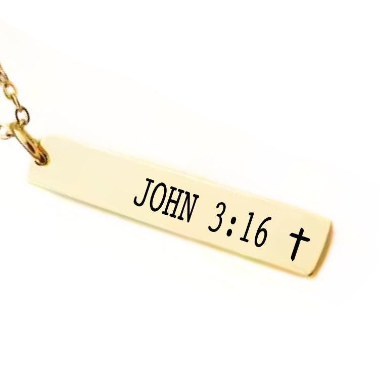Bible Verse Bar Necklace or Keychain – John 3:16 or Custom Scripture with Cross – Faith Gift for Her or Him – Christian Jewelry