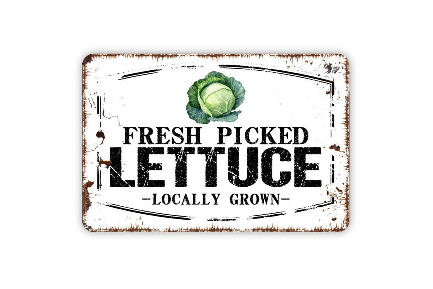 Fresh Picked Lettuce Locally Grown Sign – Farmers Market Wall Decor – Rustic Farmhouse Kitchen or Garden Sign – Metal Sign or Vinyl Sticker