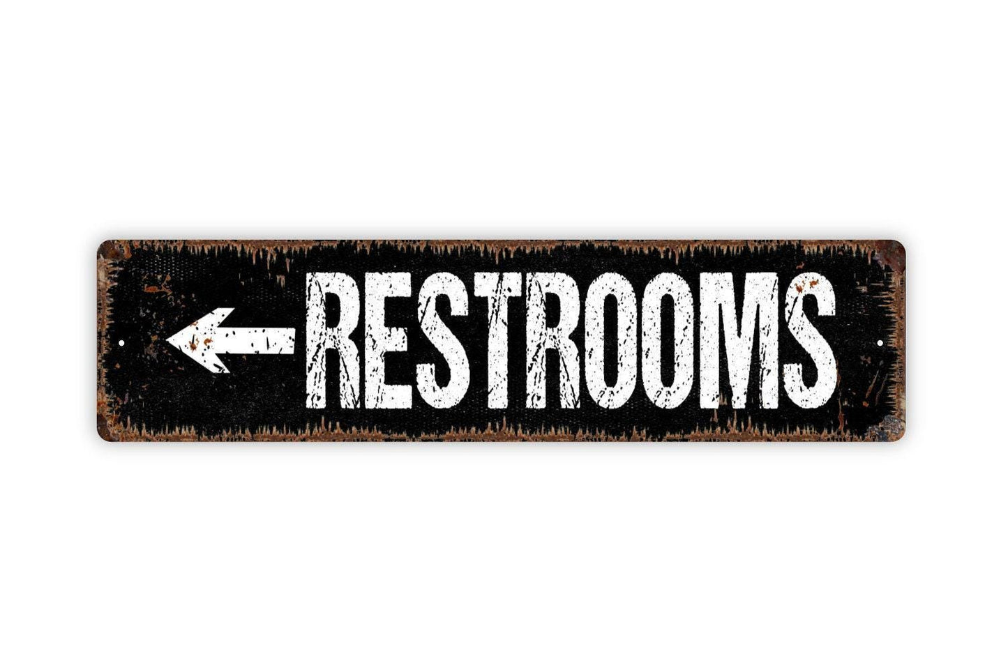 Restrooms With Arrow Sign - Vinyl Sticker Or Metal Street Sign or Door Name Plate Plaque