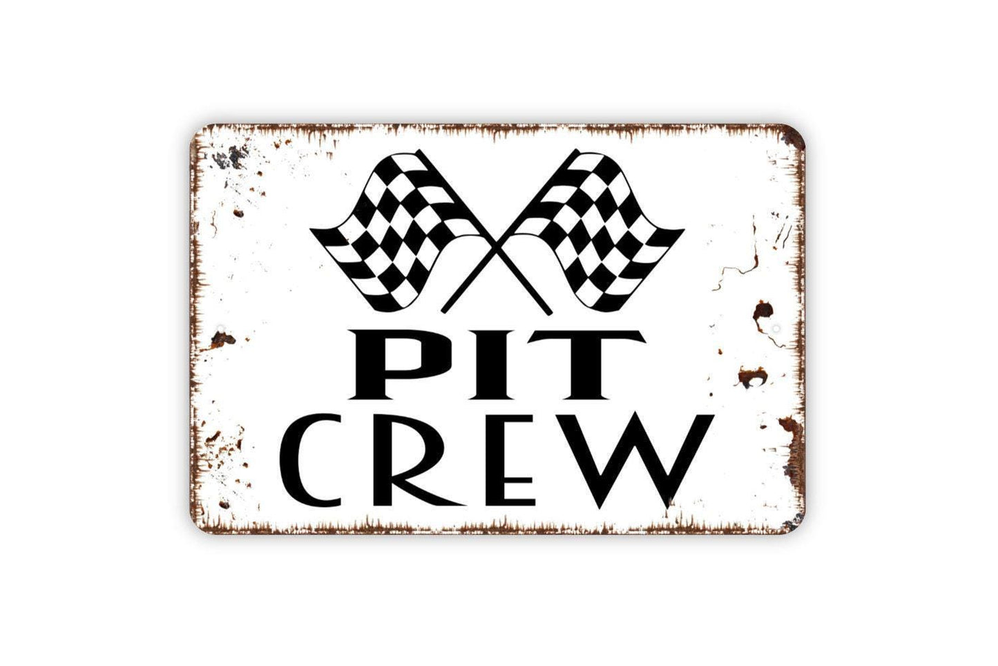 Pit Crew With Checkered Flags Sign - Racing Metal Indoor or Outdoor Wall Art