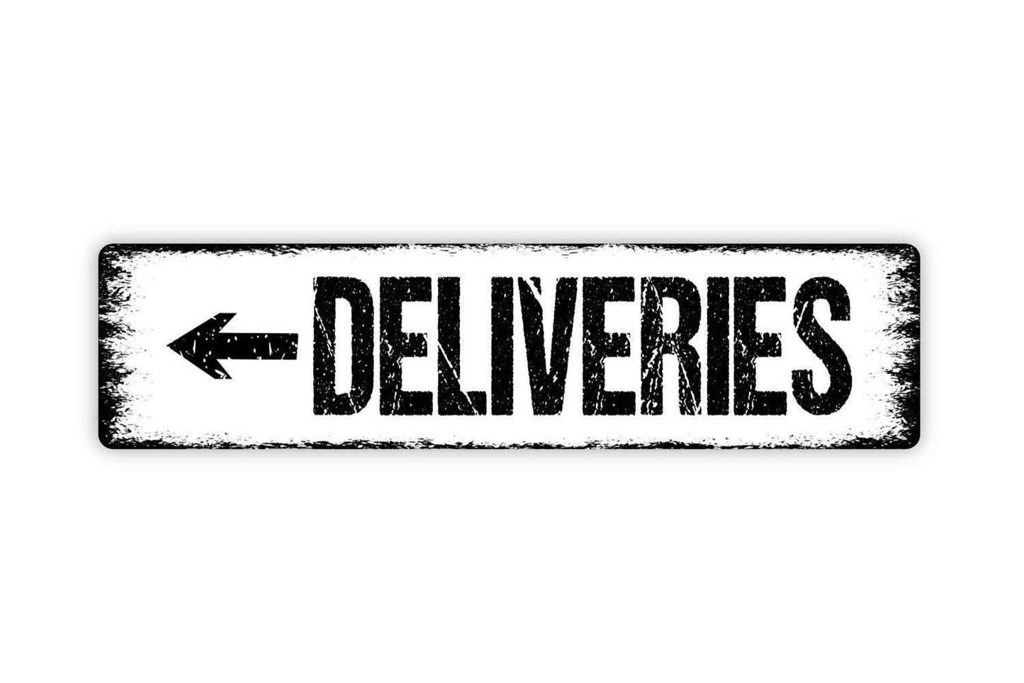 Deliveries Arrow Sign | Delivery Driver Metal Sign or Vinyl Sticker | Left or Right Arrow | Porch, Door, Business, or Property Decor