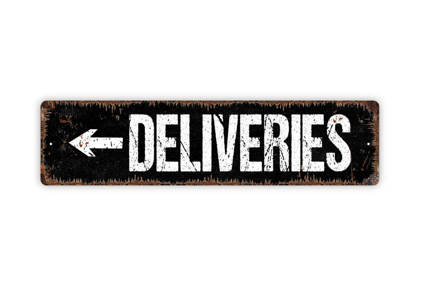 Deliveries Arrow Sign | Delivery Driver Metal Sign or Vinyl Sticker | Left or Right Arrow | Porch, Door, Business, or Property Decor