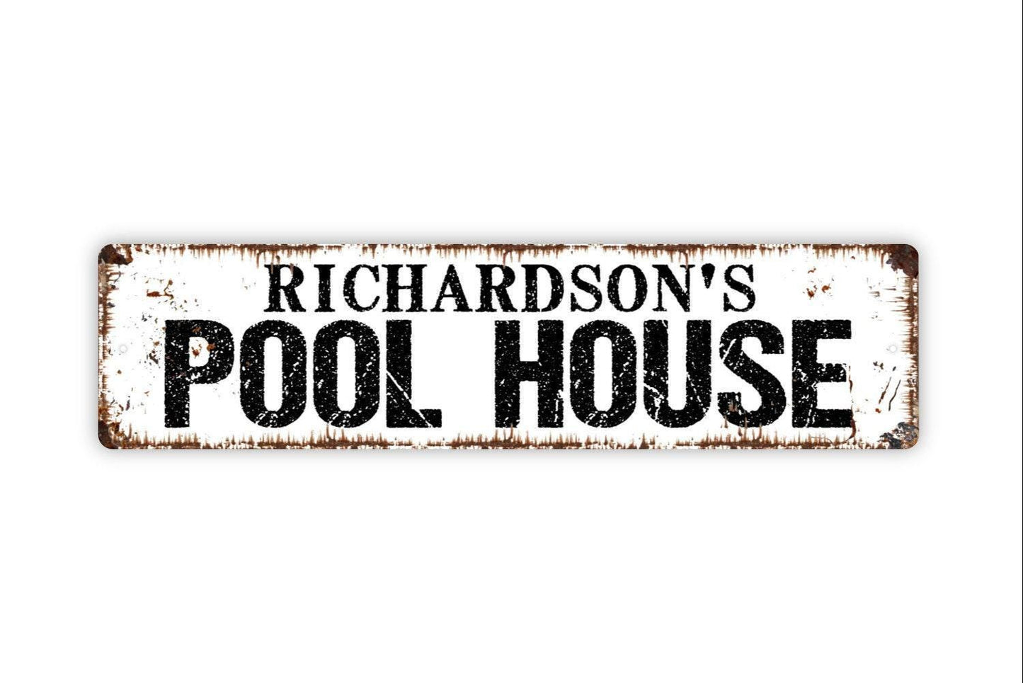 Personalized Pool House Sign – Custom Name Poolside Patio Deck Wall Decor – Funny Family Swimming Pool House Sign – Metal Sign or Sticker