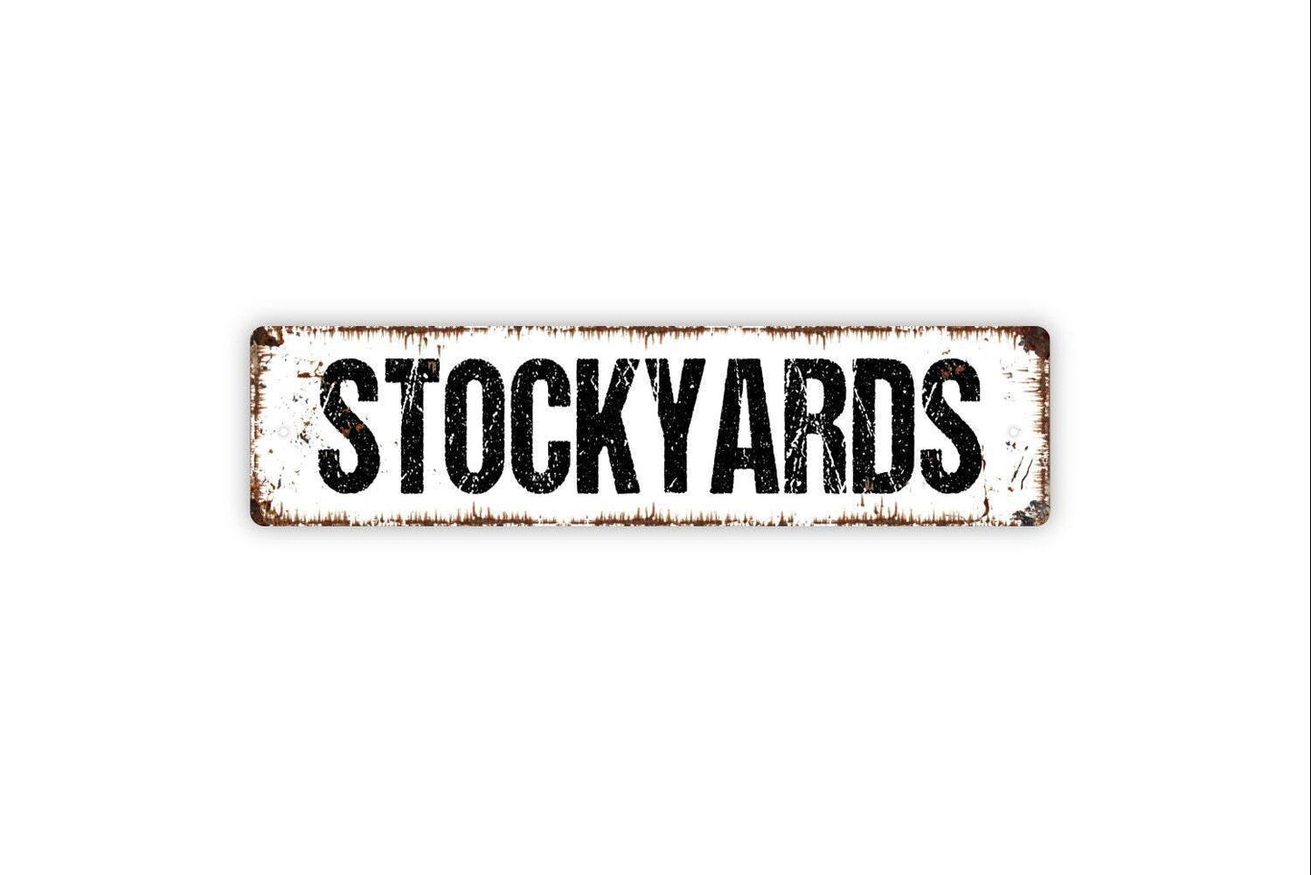 Stockyards Sign - Cattle Ranch Farm Livestock Vinyl Sticker Or Street Metal Sign or Door Name Plate Plaque