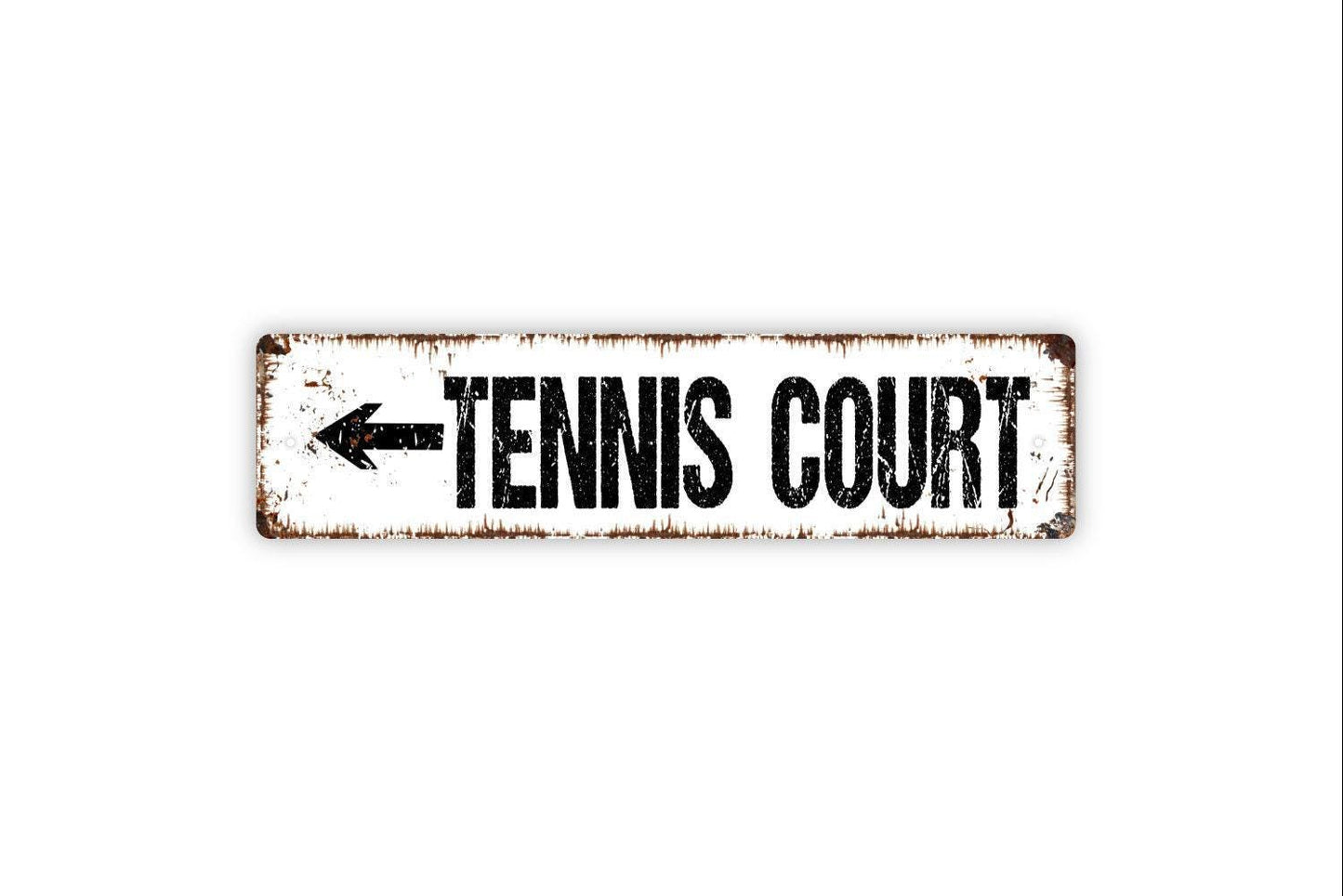 Tennis Court With Arrow Sign - Vinyl Sticker Or Metal Street Sign or Door Name Plate Plaque