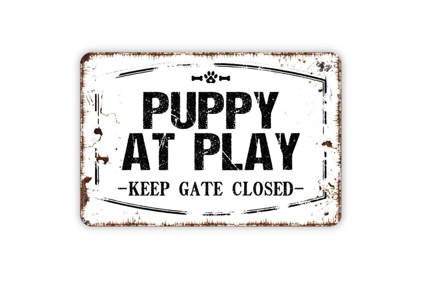Puppy At Play Keep Gate Closed Sign - Caution Dog Pet Warning Outdoor Or Indoor Metal Wall Art