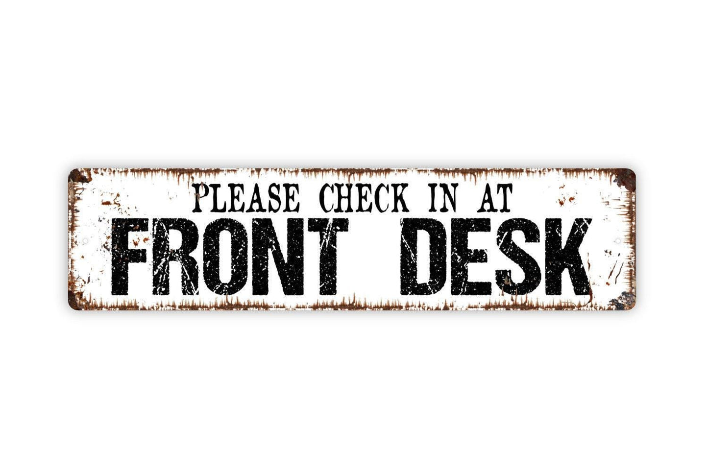 Please Check In At Front Desk Sign | Rustic Reception or Office Wall Sign | Business Lobby Metal Sign or Vinyl Sticker Décor