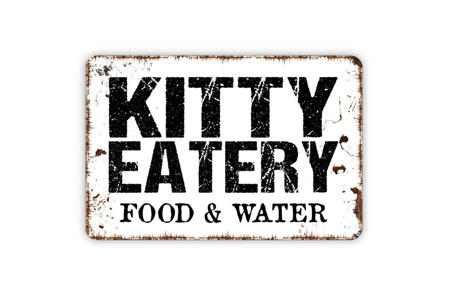 Kitty Eatery Food and Water Sign | Cute Cat Feeding Station Kitchen Décor | Pet Lover Gift Metal Cat Sign or Vinyl Sticker for Cat Owners
