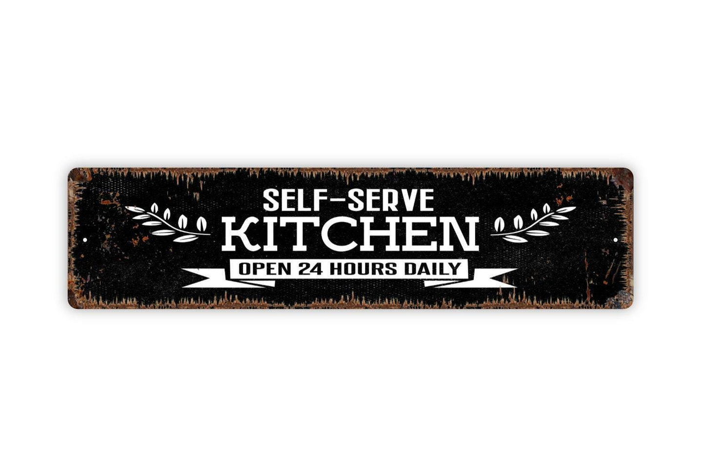 Self Serve Kitchen Open 24 Hours Sign – Funny Farmhouse Wall Decor – Bed and Breakfast Guest Room Dining Sign – Metal Sign or Sticker