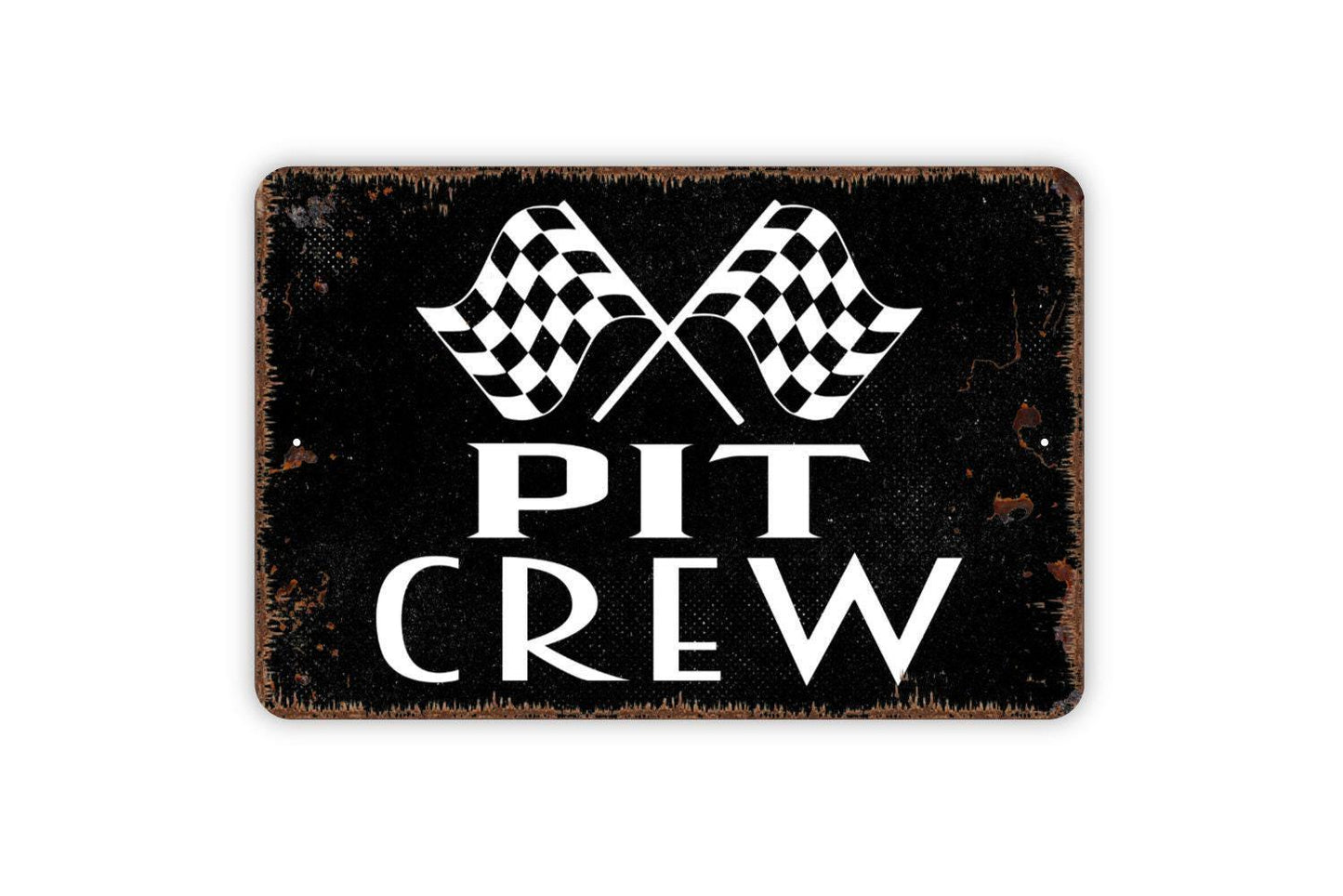 Pit Crew With Checkered Flags Sign - Racing Metal Indoor or Outdoor Wall Art