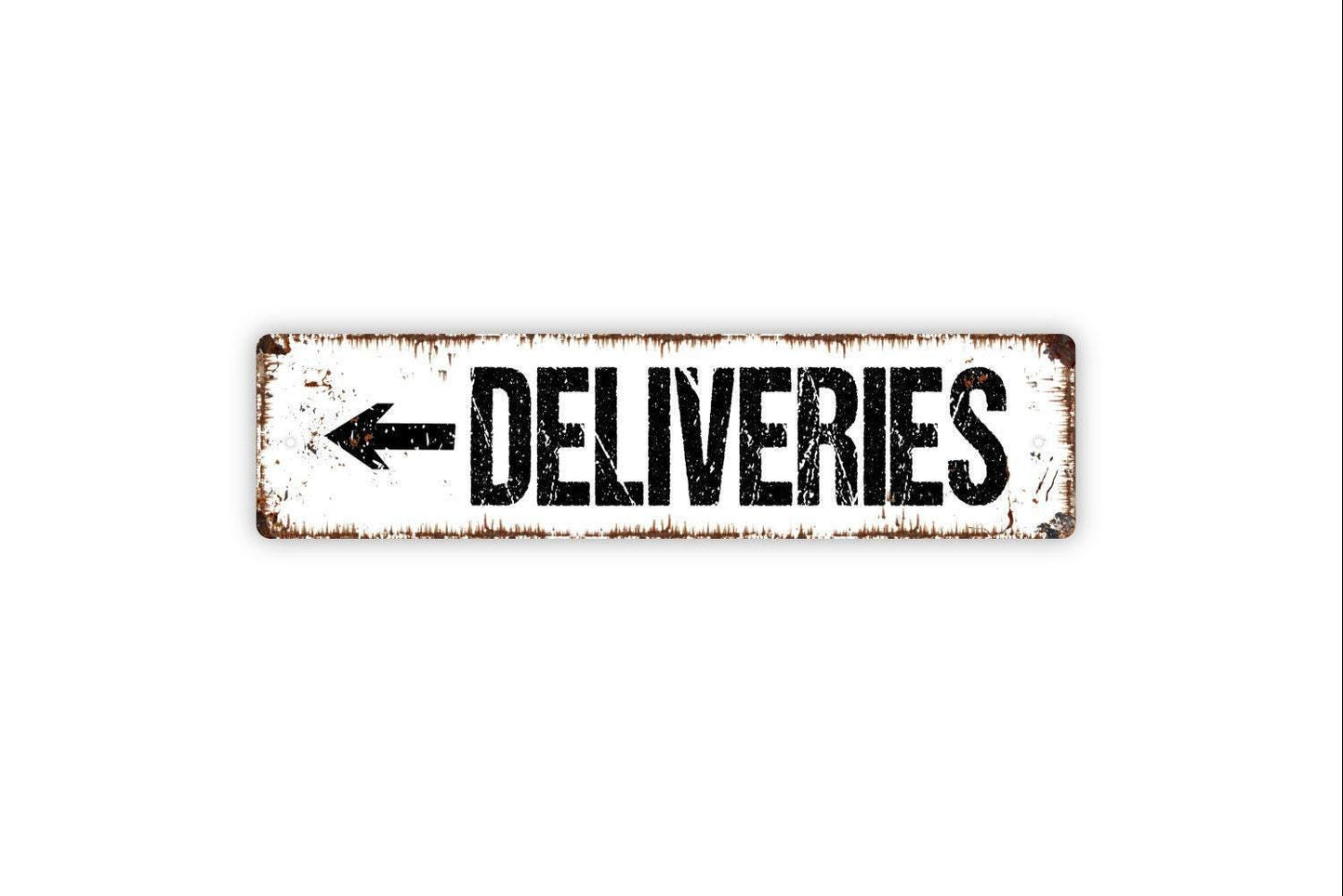 Deliveries Arrow Sign | Delivery Driver Metal Sign or Vinyl Sticker | Left or Right Arrow | Porch, Door, Business, or Property Decor